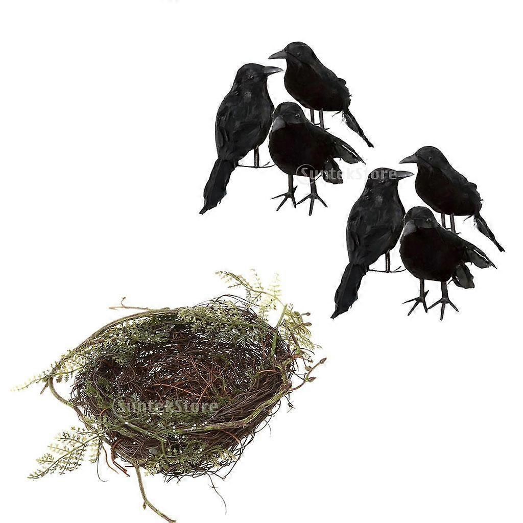 Artificial Bird Beding Nest + Black Feathered Small Crows Birds Ravens Props