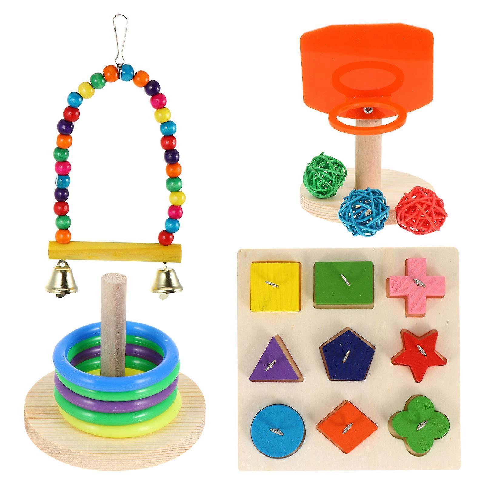 4 Sets Bird Training Toy Set Block Puzzle Toy Bird Swing Toy Colorful Biting Toy