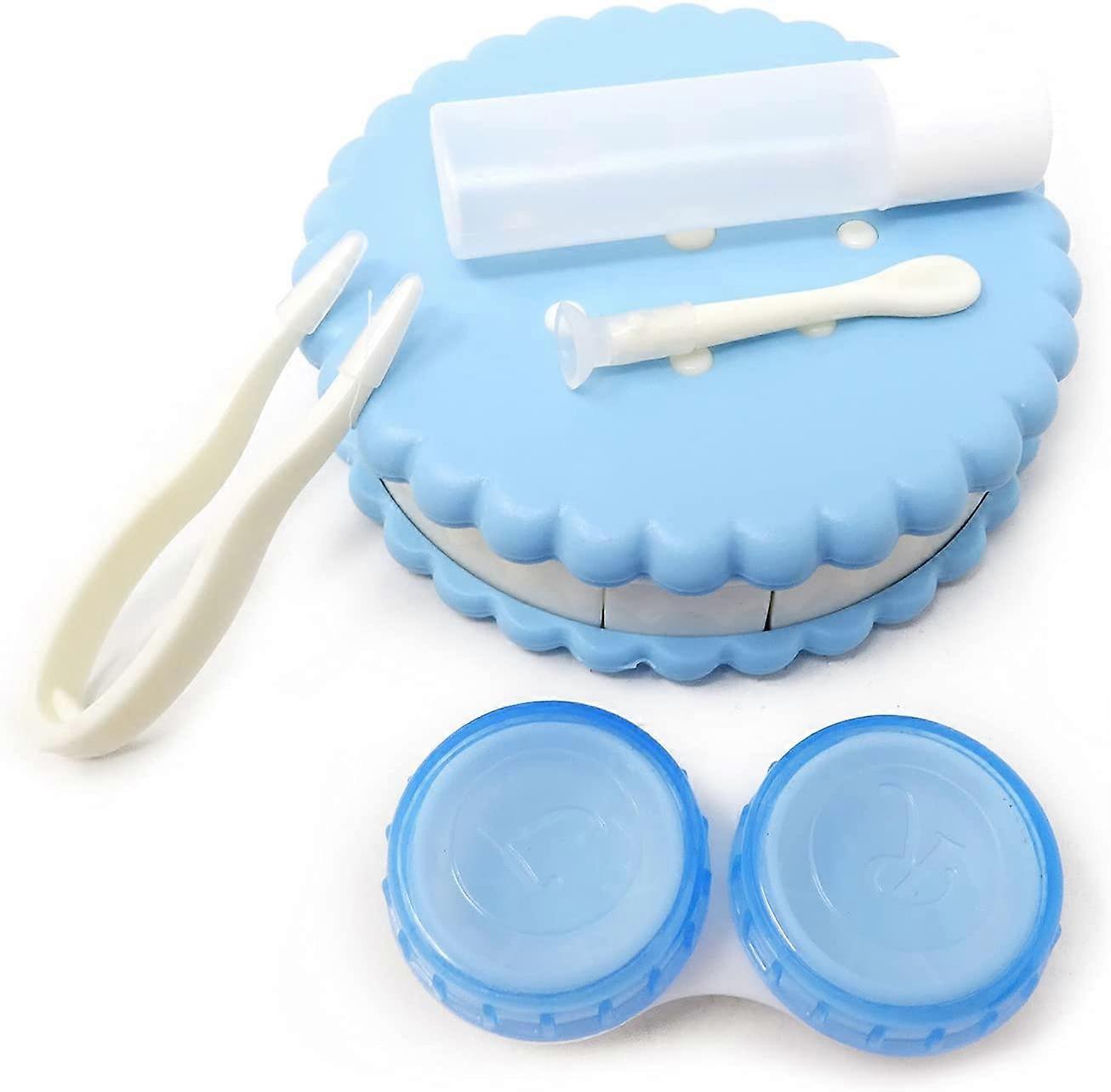 Cookie Shaped Contact Lens Case Travel Contact Lens Box with Mirror (Blue)