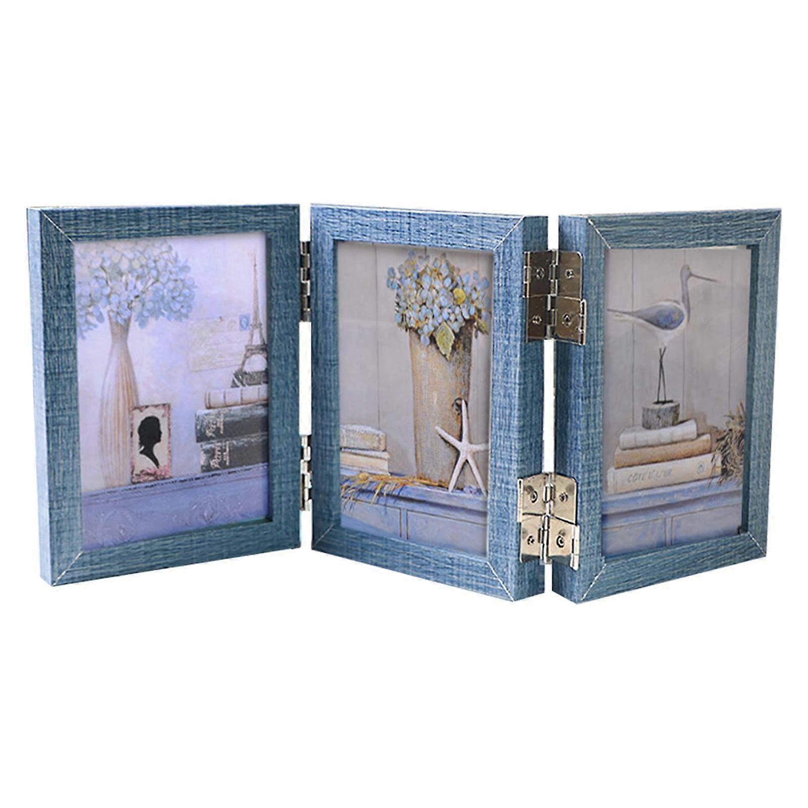 Retro Wooden Folding Rotating Picture Frame for 3 6" Photos for Unique Rustic Desktop (Blue)