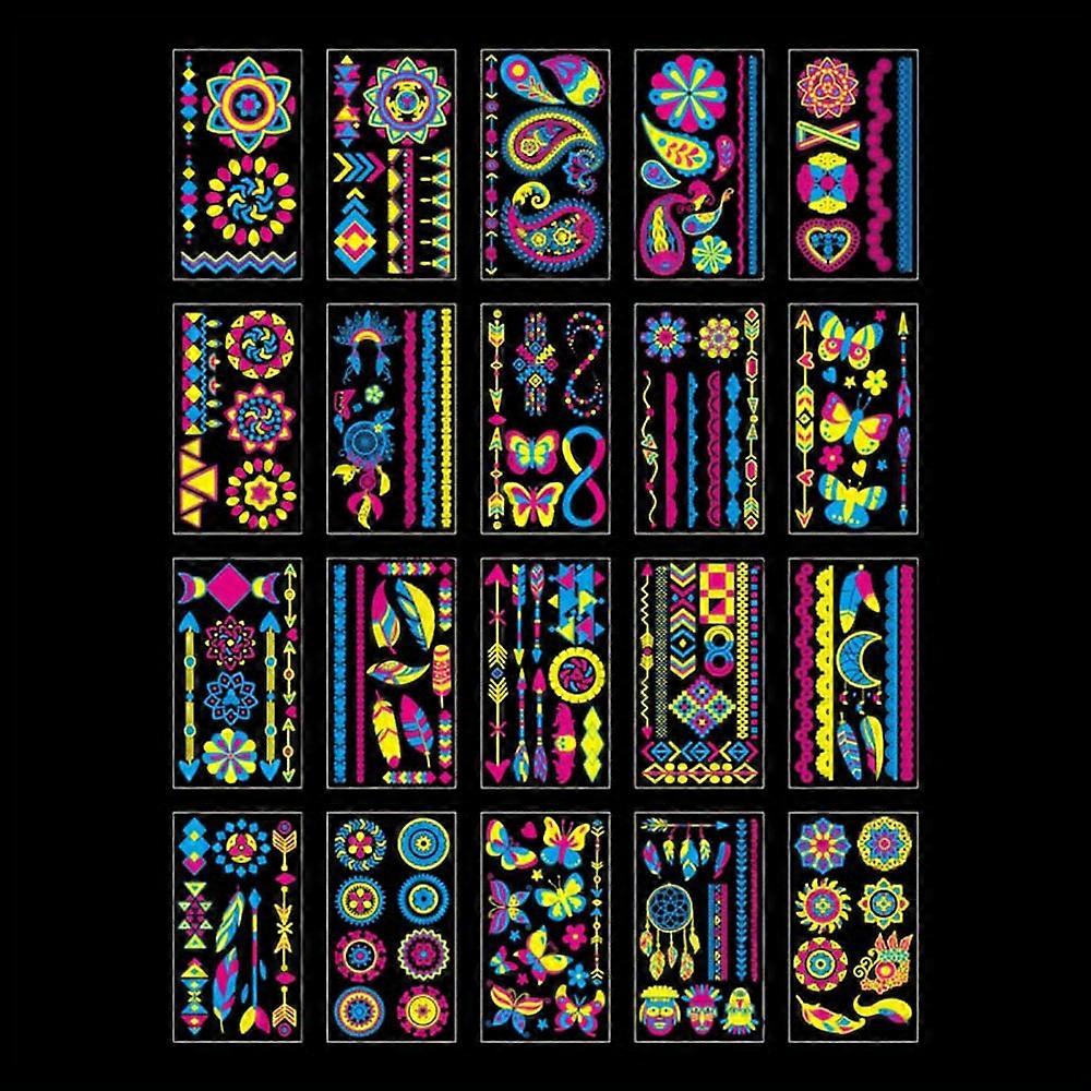 JUNGE * 20 ورقة تتوهج في الظلام الأشعة فوق البنفسجية Blacklight نيون الوشم المؤقت - وشم مزيف مضيء مقاوم للماء للنساء - مثالي للحفلات المتوهجة ، البكالوريوس