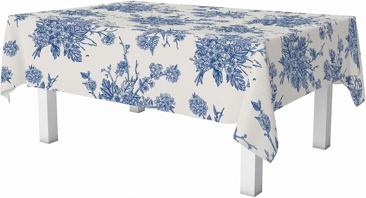 Blue Floral Pattern Rectangle Table Cloth Blooming Bouquets of Garden Trees Delicate Flowers Wipeable Waterproof Tablecloths Table Cover for Party Pic
