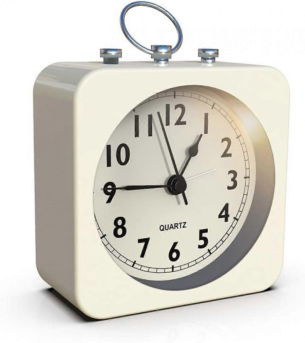 Battery Operated Alarm Clock with Square Metal Case,No Ticking Analog Quartz, Simple Operation for Bedroom/Travel/Desk/Kids (White)