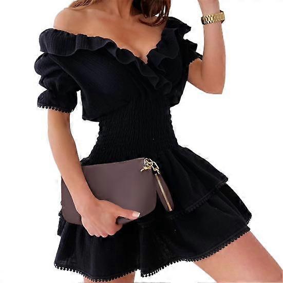 Snygg klänning V-ringad Hudvänlig Andas Ruffled V-ringad Elastisk midja Kvinnor Klänning för datum