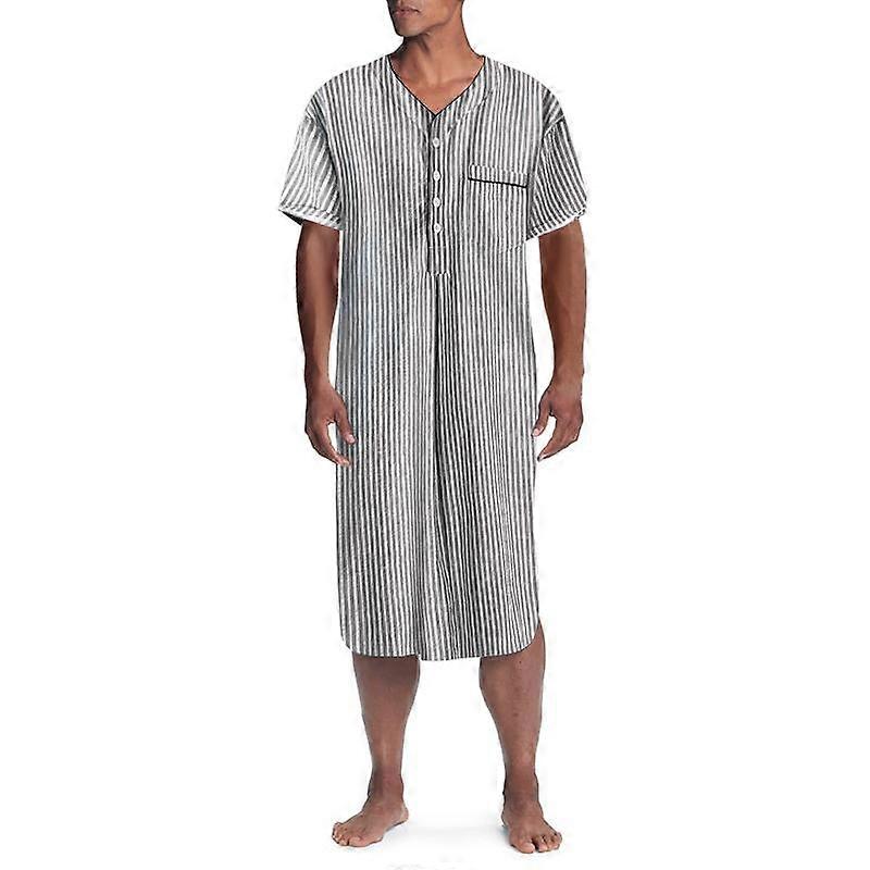 INCERUN Men's V Neck Striped Pajama Robes Short Sleeve Sleepwesr Bathrobe Long Tops