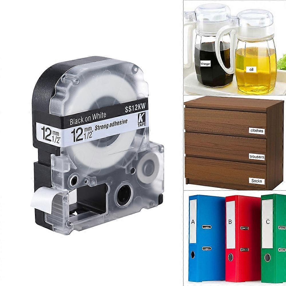 Black on White Label Tape 12mm * 8m Compatible for Kingjim Epson Label Printer LW400/LW600/SR230C/SR