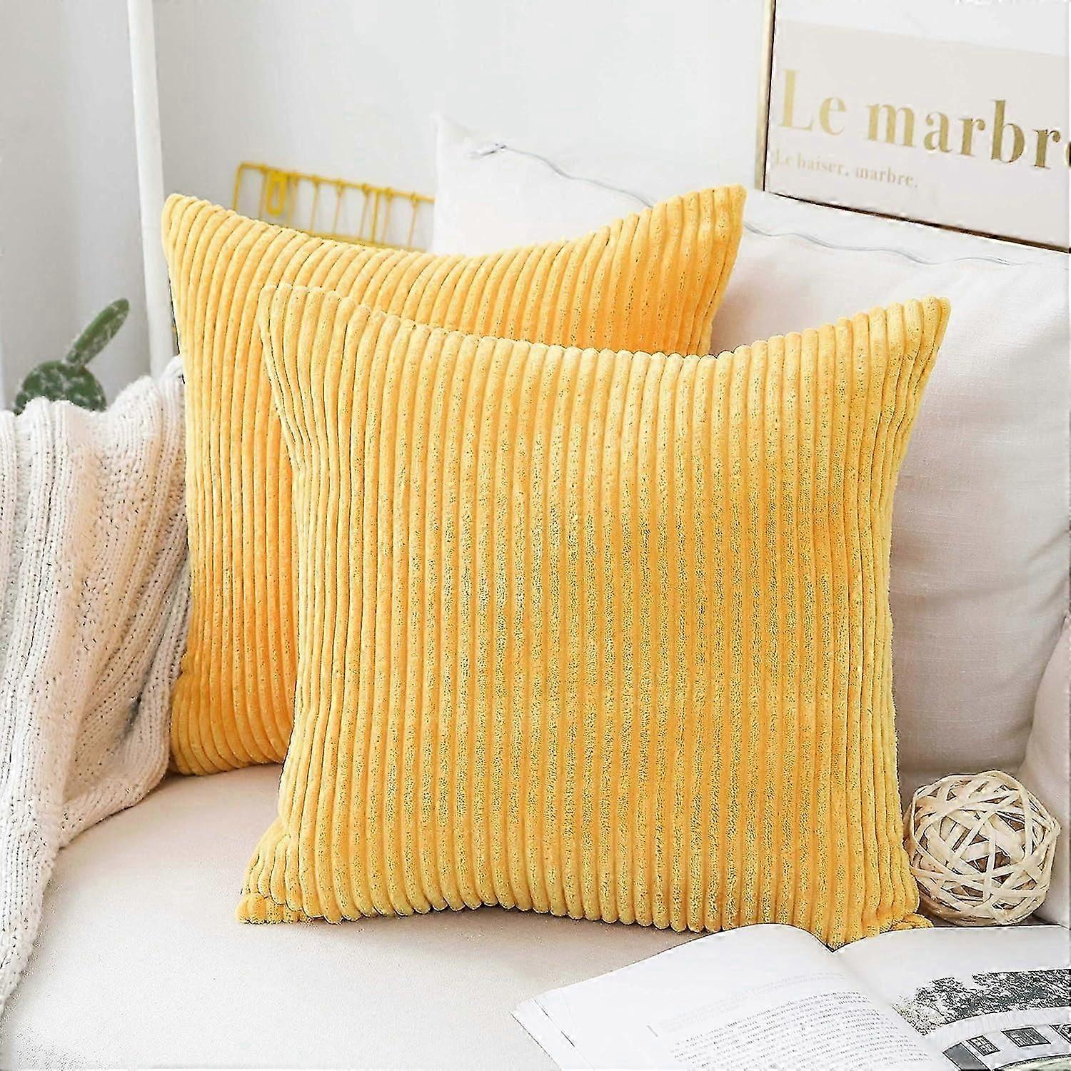 Yellow Pillow Covers 18X18 Super Soft Decorative Striped Corduroy Mustard Throw Pillows