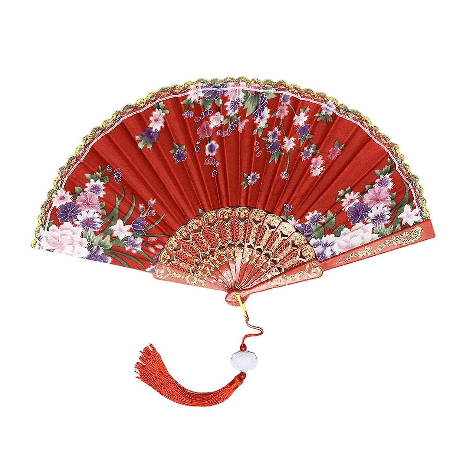 Chinese Style Flower Folding Fan with Tassels Portable Summer Hand Held Cooling Fan Decoration Dance