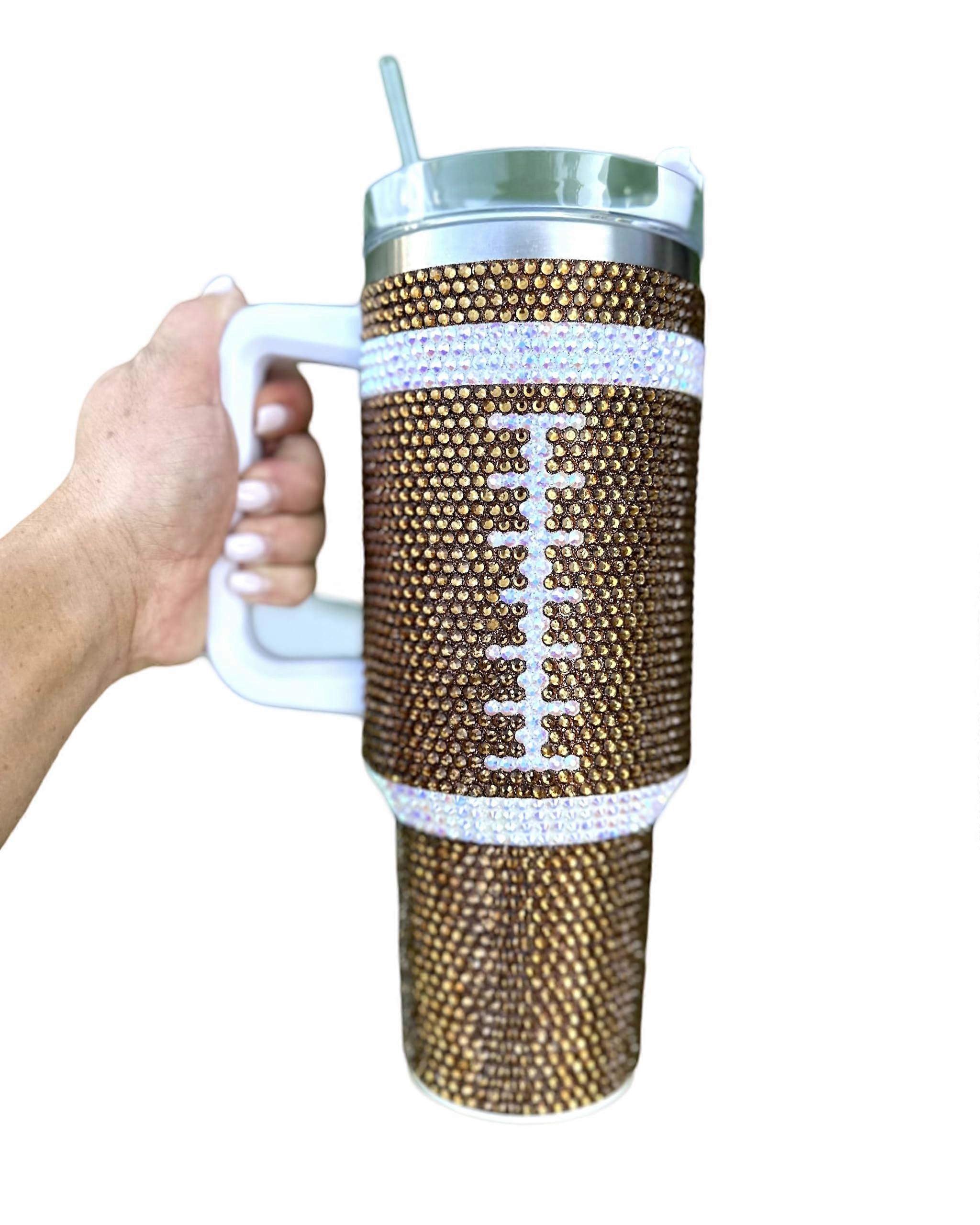 Brown Crystal Football Blinged Out 40 Oz Tumbler with Straw and Lid, Insulated Stainless Steel, Durable Beverage Container