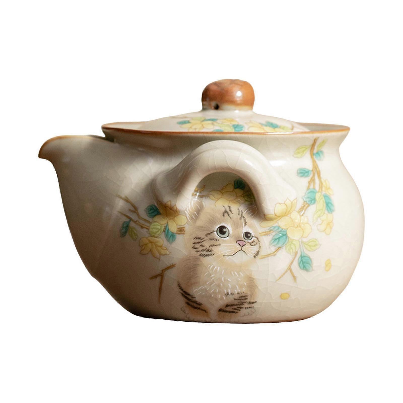 Ceramic Floral Design Cat Teapot for Tea Brewing