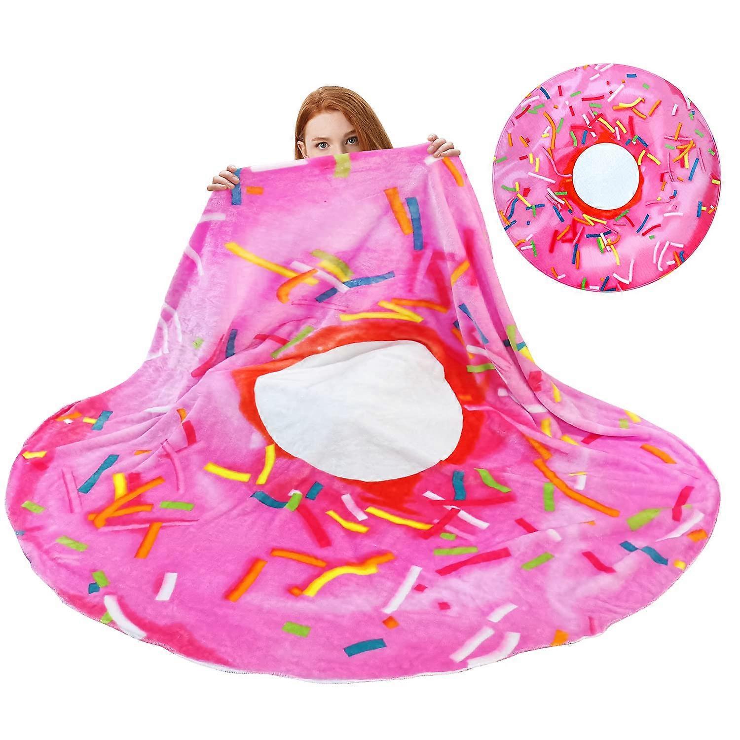 Donut Blanket, 71 Inch Round Flannel Blanket for Adults and Kids, Soft Plush Food Pattern for Home and Travel