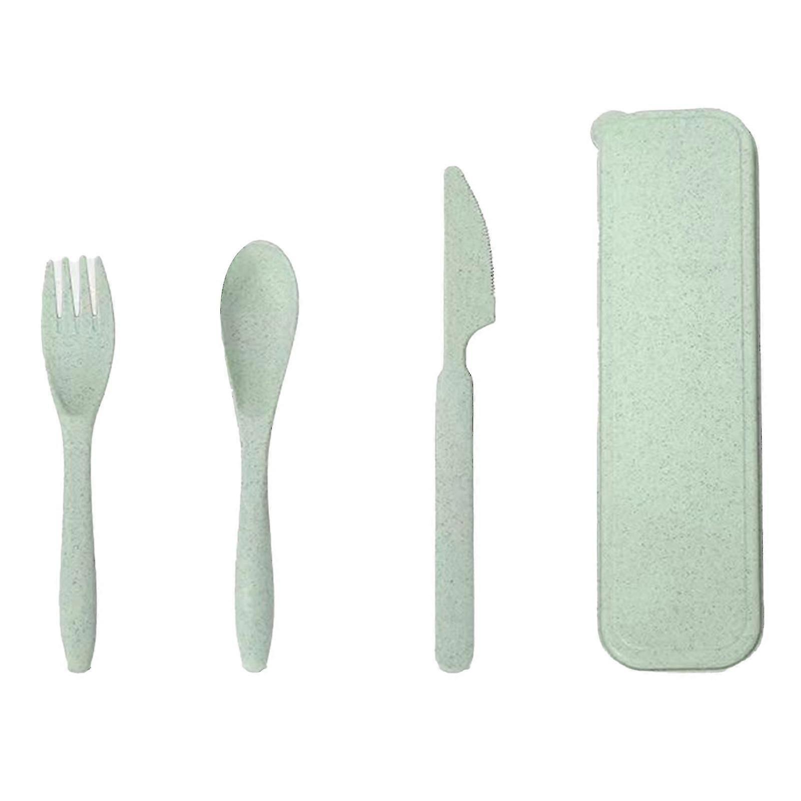 Wheat Straw Cutlery Set Modern Portable Fork Spoon Knife Tableware with Box for Office School Picnic Green