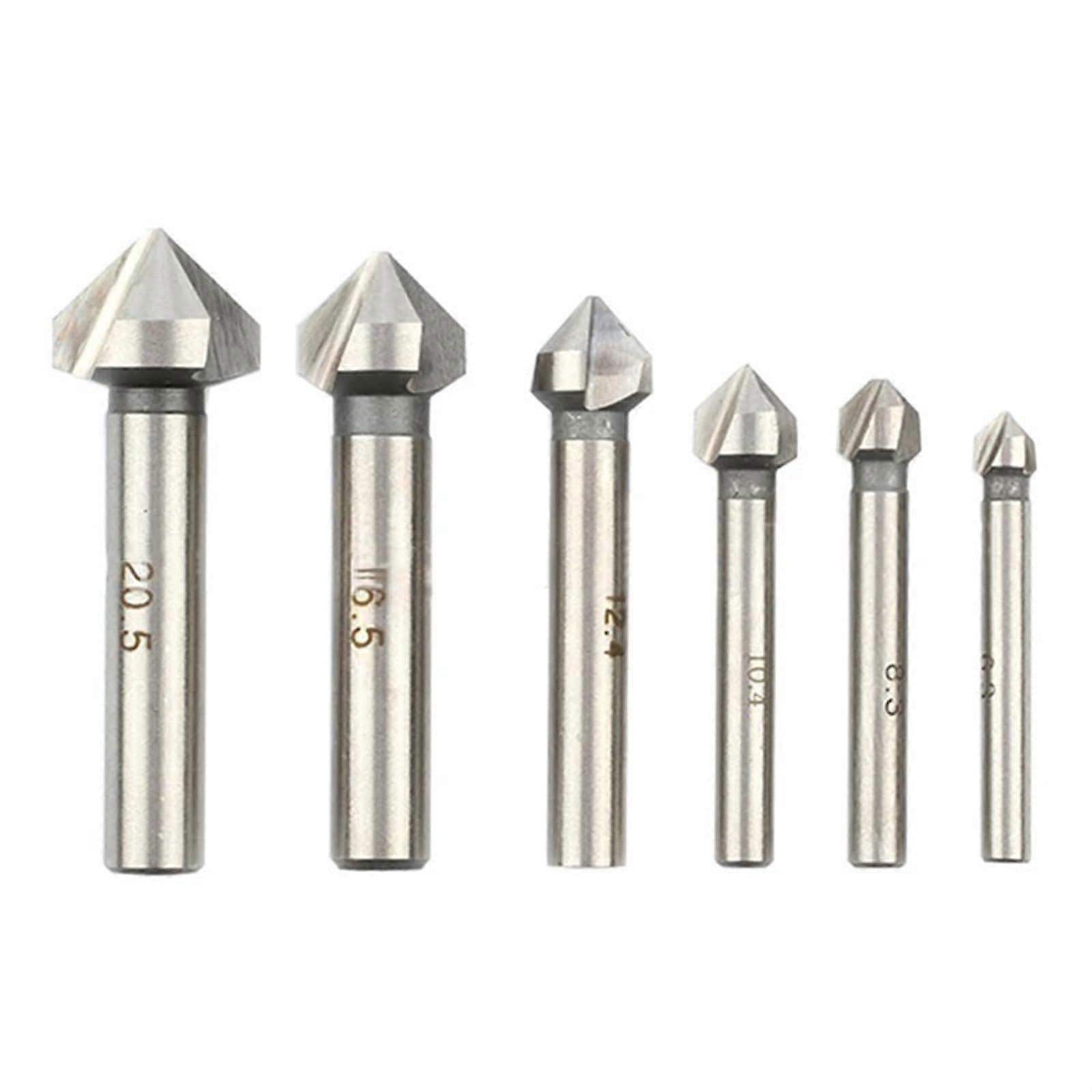 6pcs HSS 90 Degree Countersink Drill Bits Set, 6.3-20.5mm Chamfering Cutter 3 Flutes Round Shank Deburring Woodworking Milling Cutter