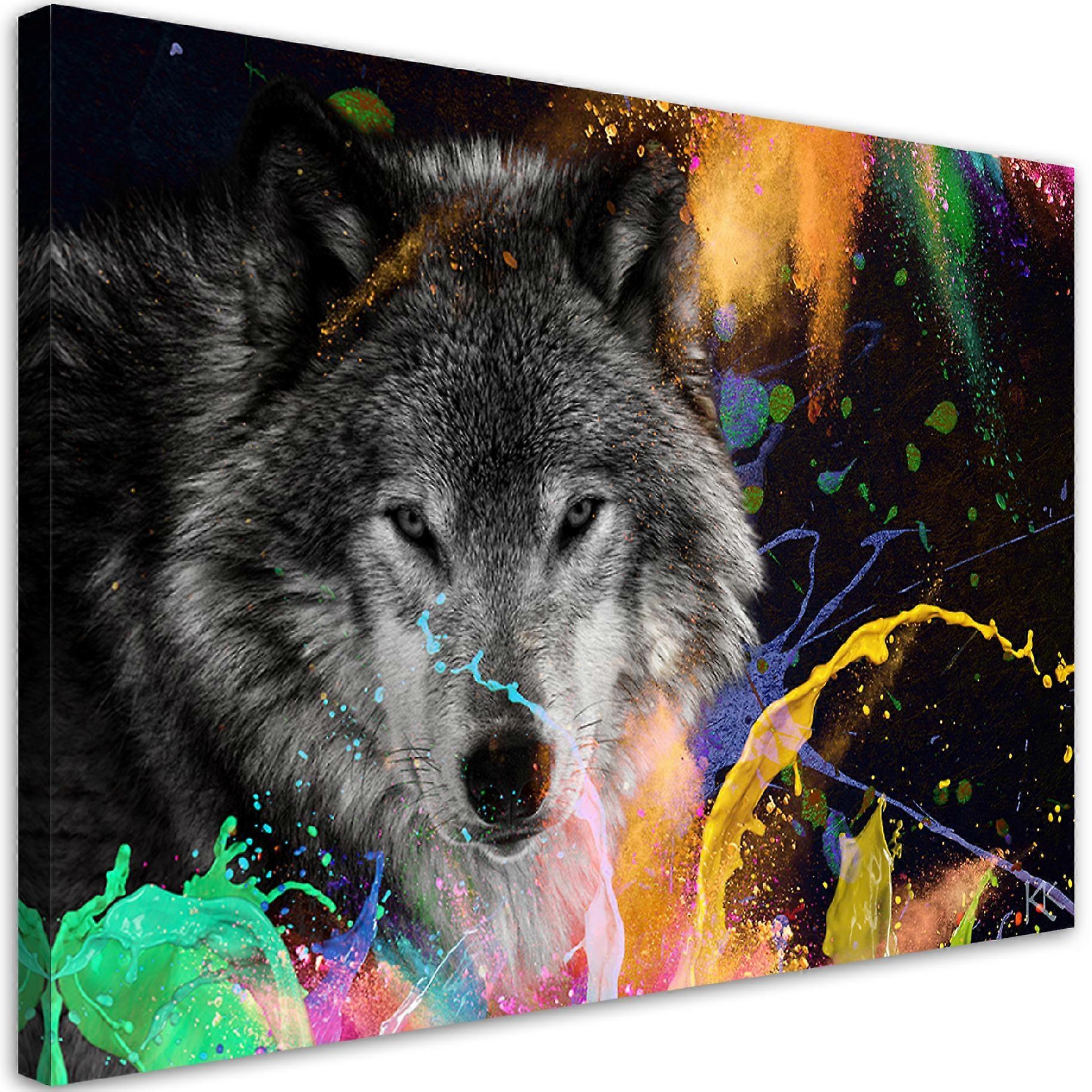 Leinwandbild, Wolf auf farbigem Hintergrund - 100x70
