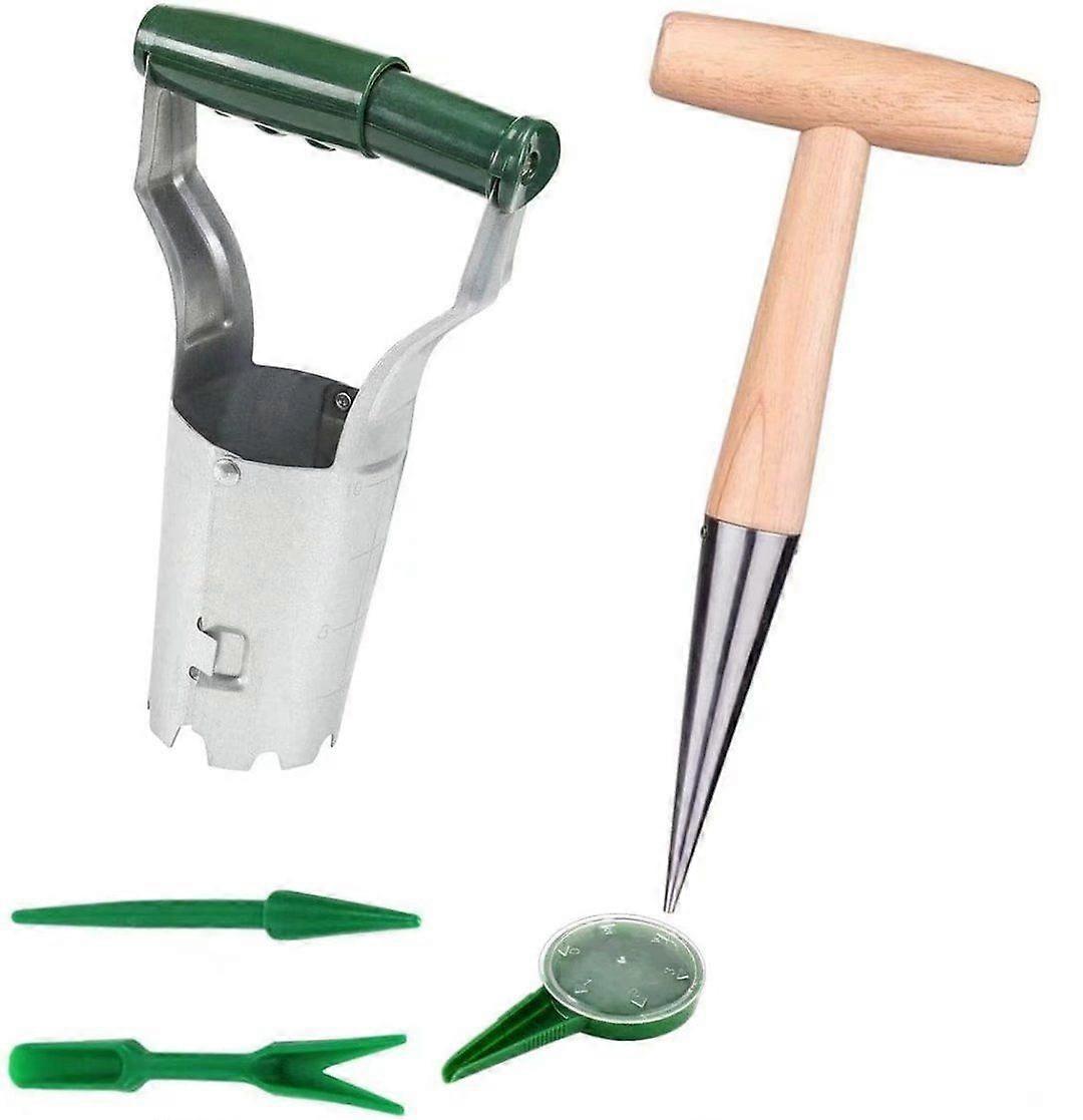 Automatische bollenplanter, geleed en gegradueerd, handplanter met massief houten handvat, met automatisch ontgrendelingsmechanisme en diepteschaal (5 stuks)