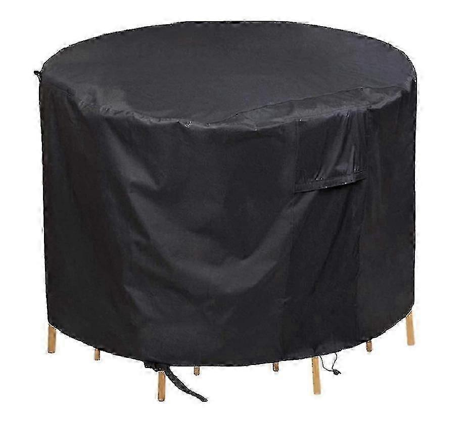 Svart cirkulärt trädgårdsbordsöverdrag - PVC-baksida polyester vattentätt skydd för 4-6-sits uteservering Sets_MM2