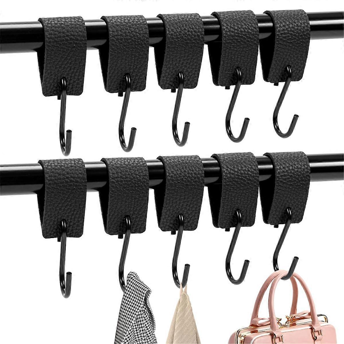 S Hooks, Pack of 10 S Hooks with Leather Loop,Hooks for Clothes Rail