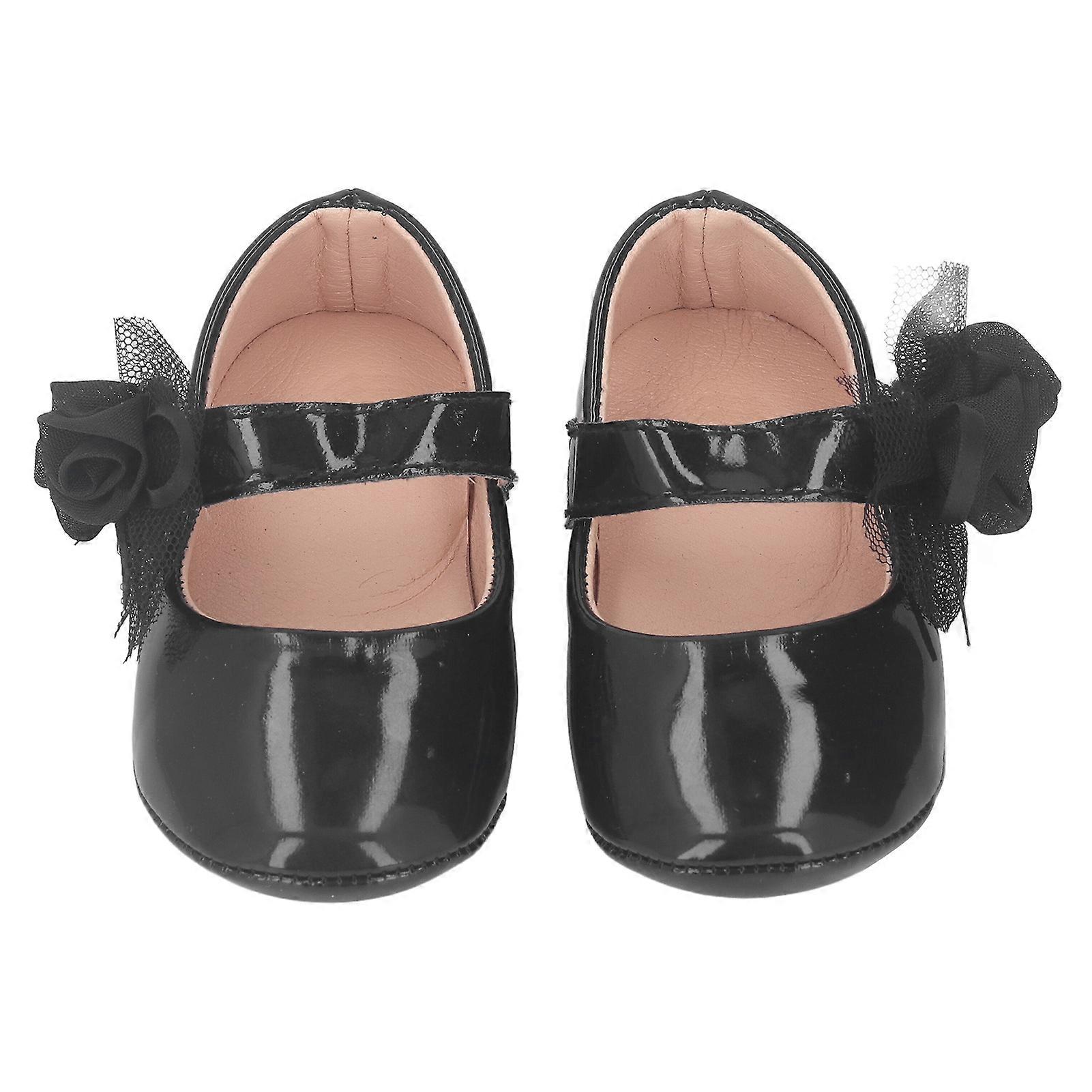 Baby Mary Jane Shoe PU Lace Flower Hook and Loop Anti Slip Soft Comfortable Newborn Flats Toddler Shoes for Infant Girls Age 0 to 1 Black 12cm