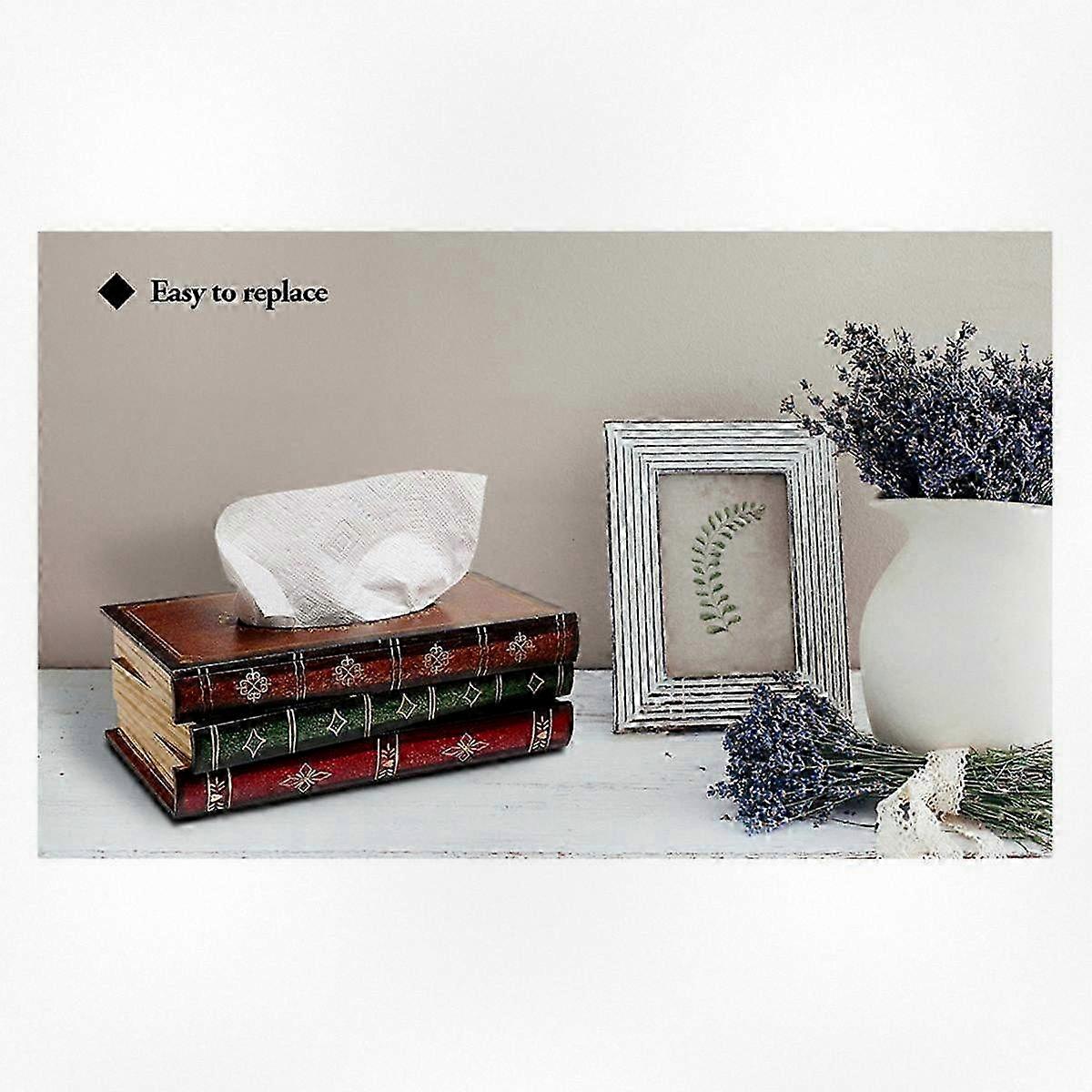 Vintage Stacked Books Design Solid Wood Tissue Box Holder Rectangular with Easy Refill Hinged Top Suitable for Various Settings