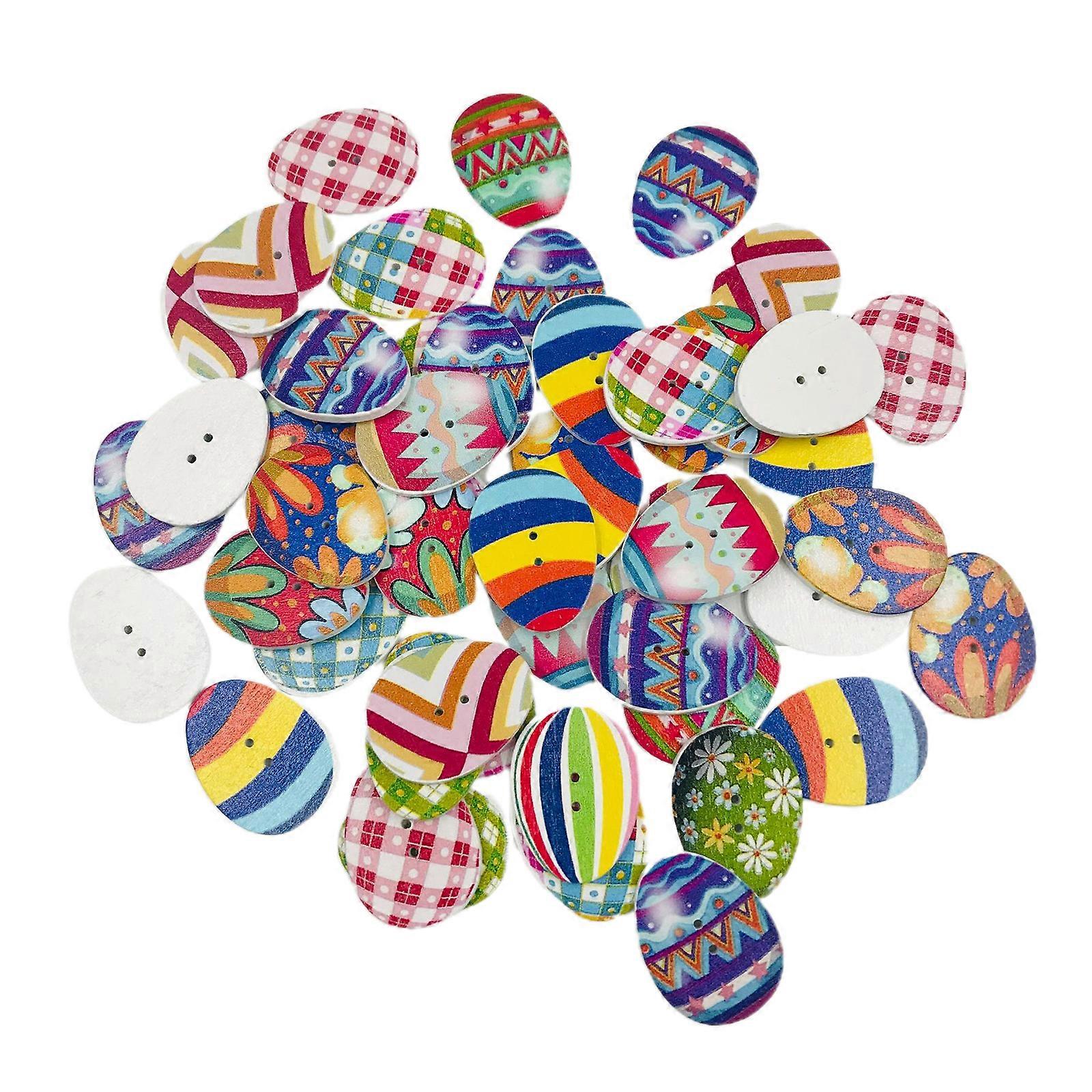 50Pcs Mixed Color Wooden Cartoon Easter Eggs Buttons Slices with 2 Holes for DIY Sewing Scrapbooking Party Decoration
