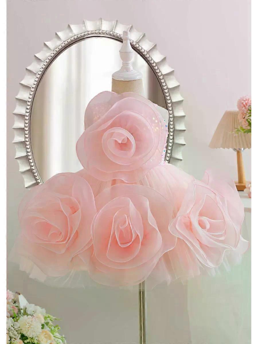 Kızın Sevimli Düz Renk Büyük Çiçek Eğik Omuz Elbiseler