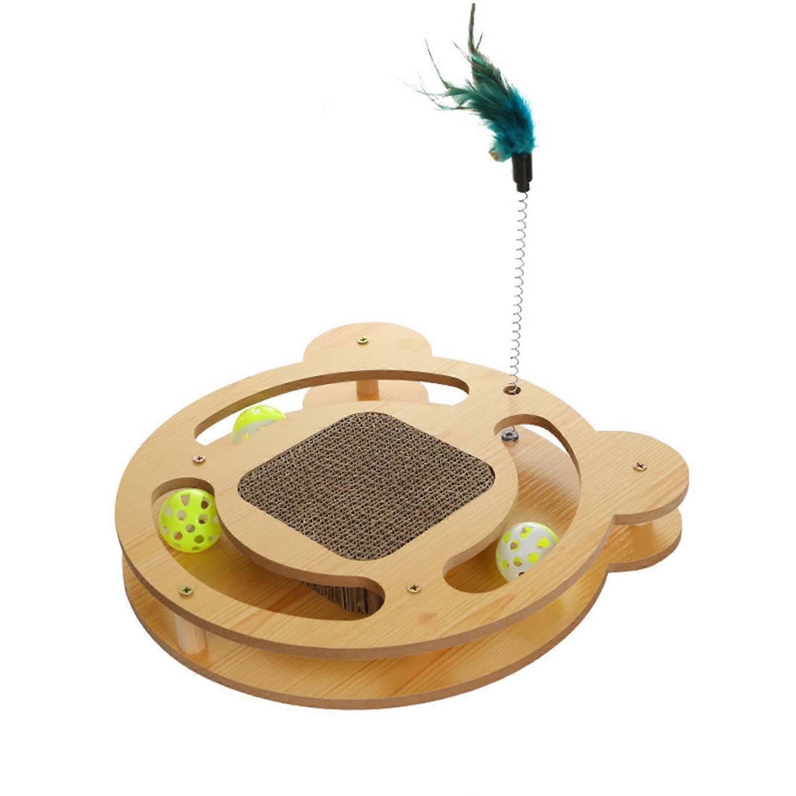 Cat Turntable Toy Interactive Fun 3 in 1 Grinding Claws Relieve Boredom Cat Scratcher Toy with Teaser Stick and Balls