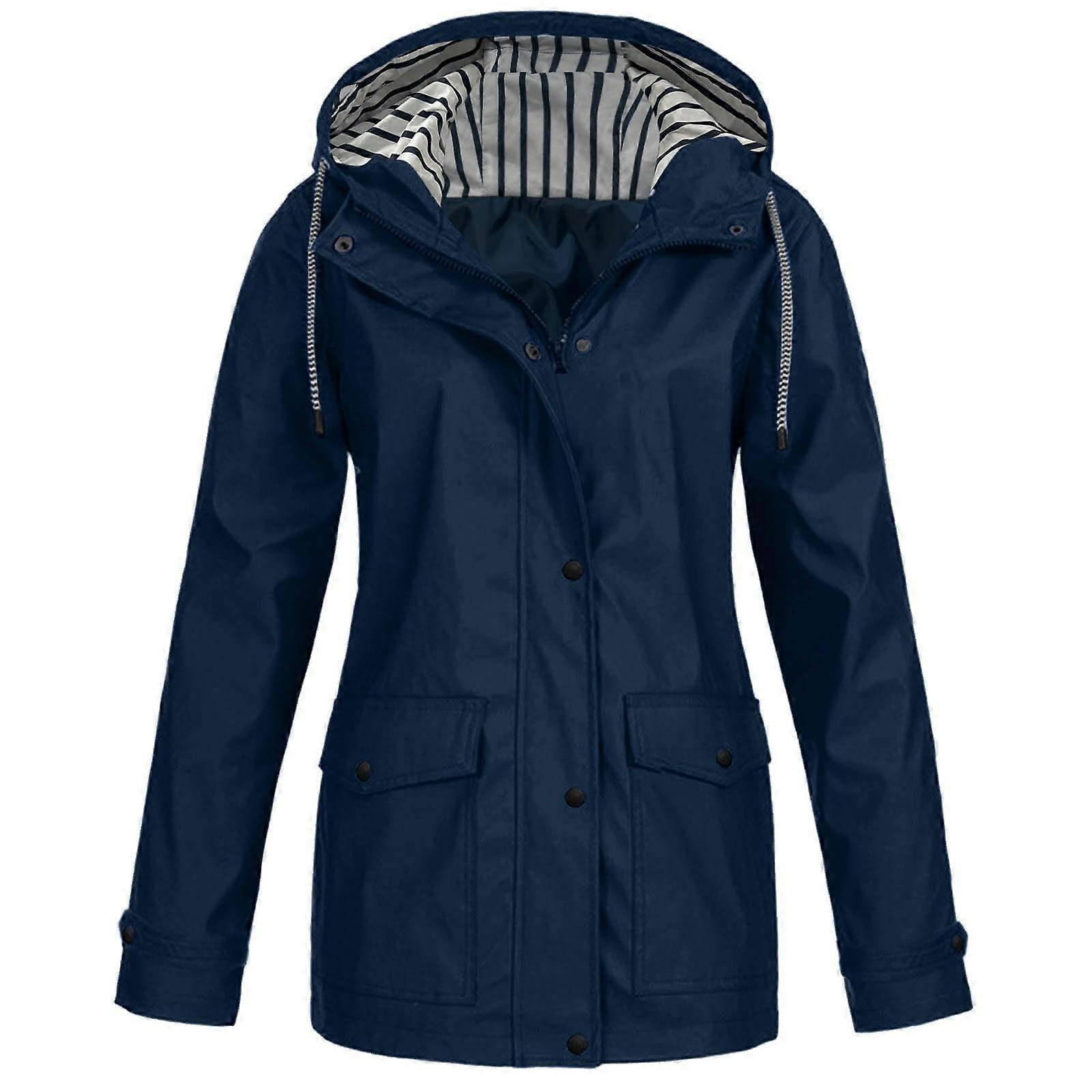 Women's Breathable Cardigan with Hood Transition Jacket Wind Jacket Windbreaker Bicycle Spring Raincoat Rain Parka Long Plain Women's Jacket Marine M
