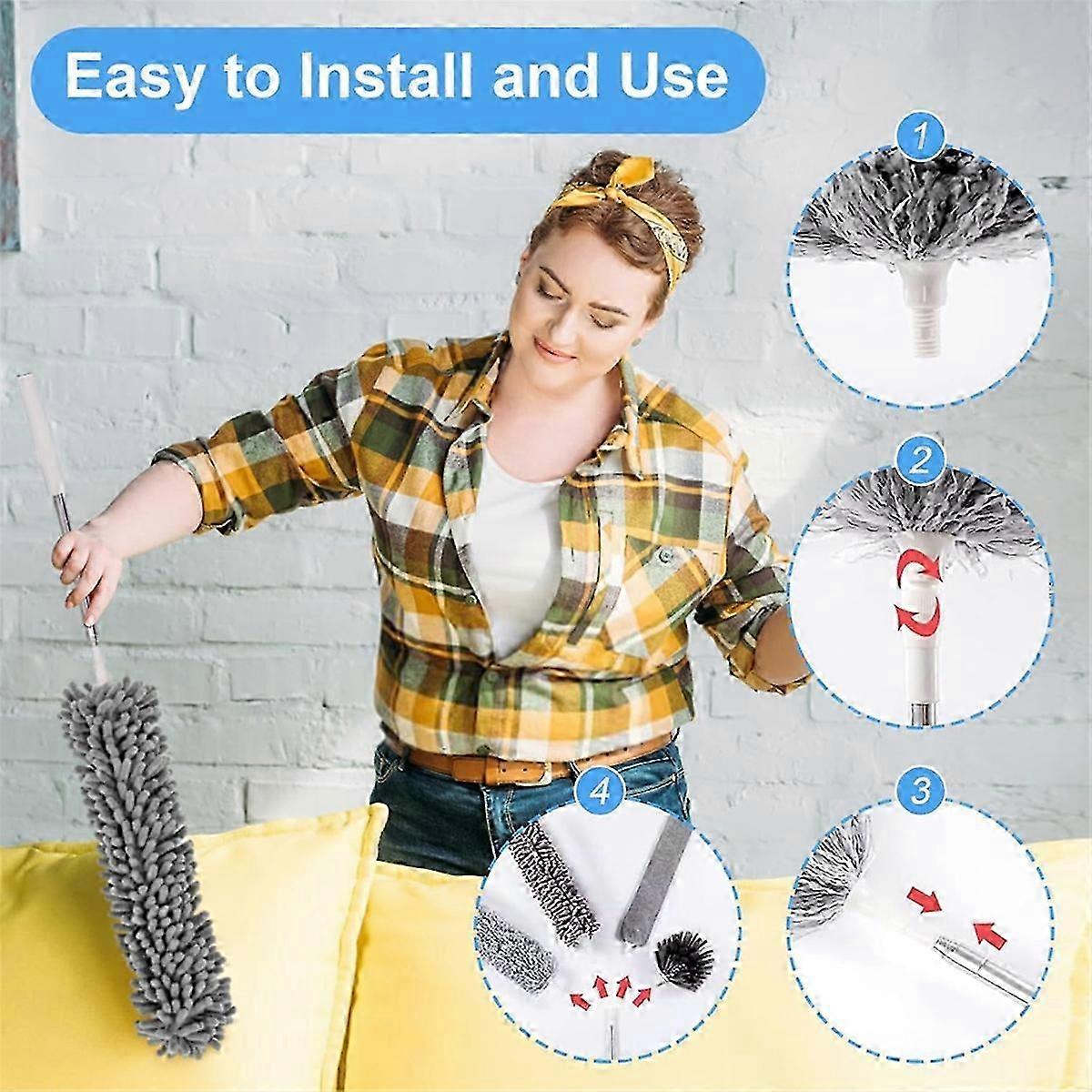 5-in-1 Cleaning Duster Kit with Extension Pole, 100-Inch Extendable Duster for Ceiling Fans
