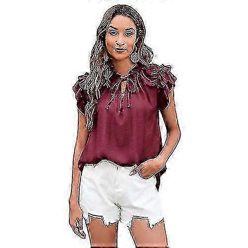 Womens Ruffle Sleeve T Shirts, Summer V Neck Solid Color Blouse