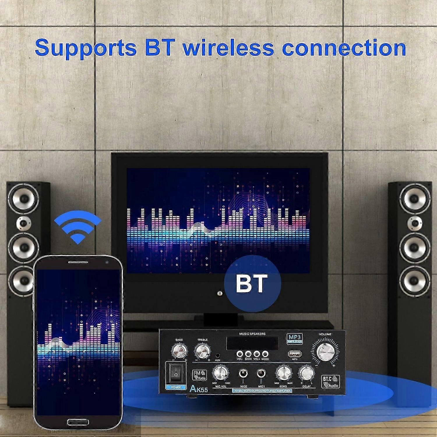 AK-55 o Power Amplifier Home Car Karaoke Amplifier Digital o PA Receiver 2 Microphone Input with Remote Control 2 Channel 70W+70W for Car Home