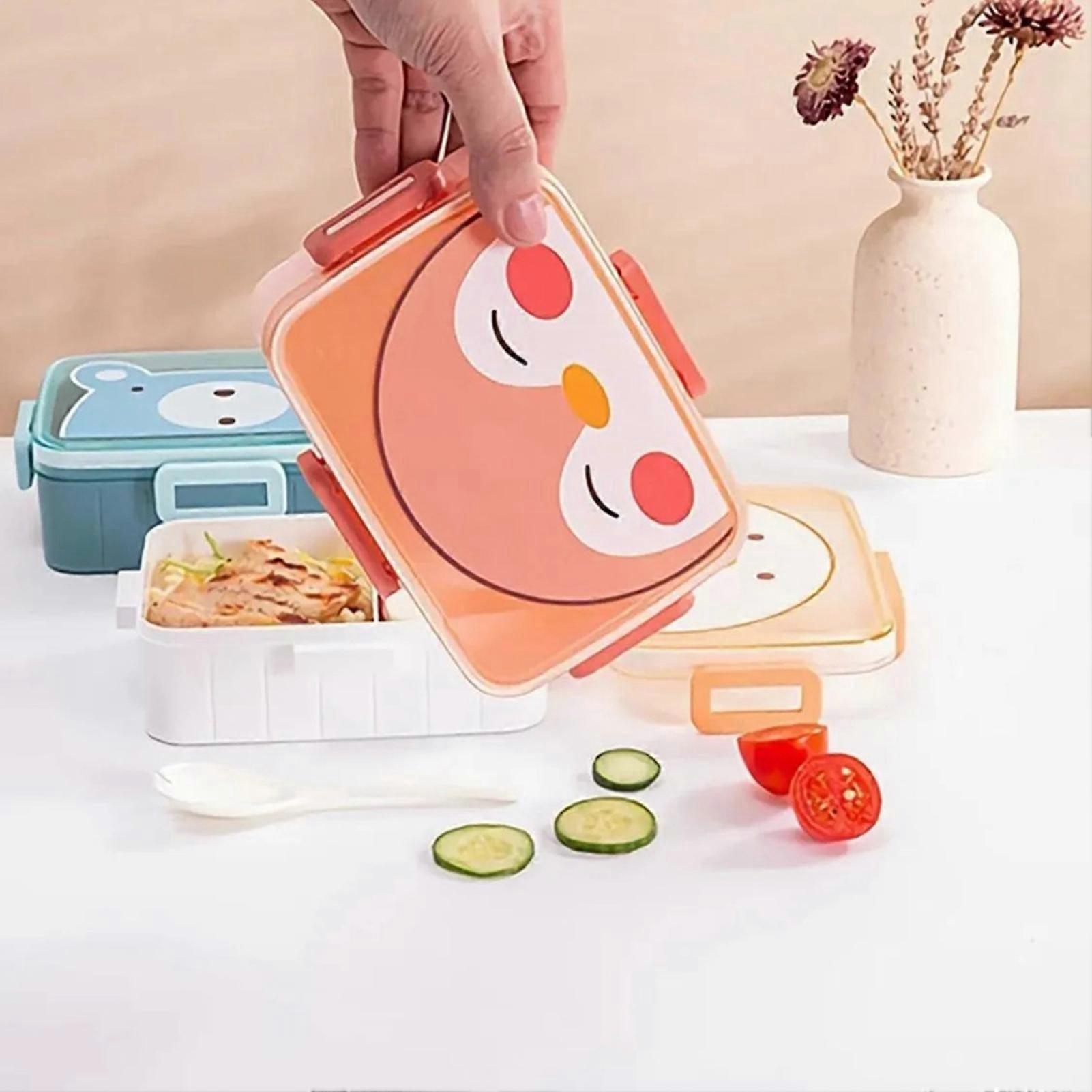 Bento Lunch Box Cute Cartoon Portable 2 Compartment Removable Divider Sealed Four Buckle Lunchable Container 600ml Rectangular Pink