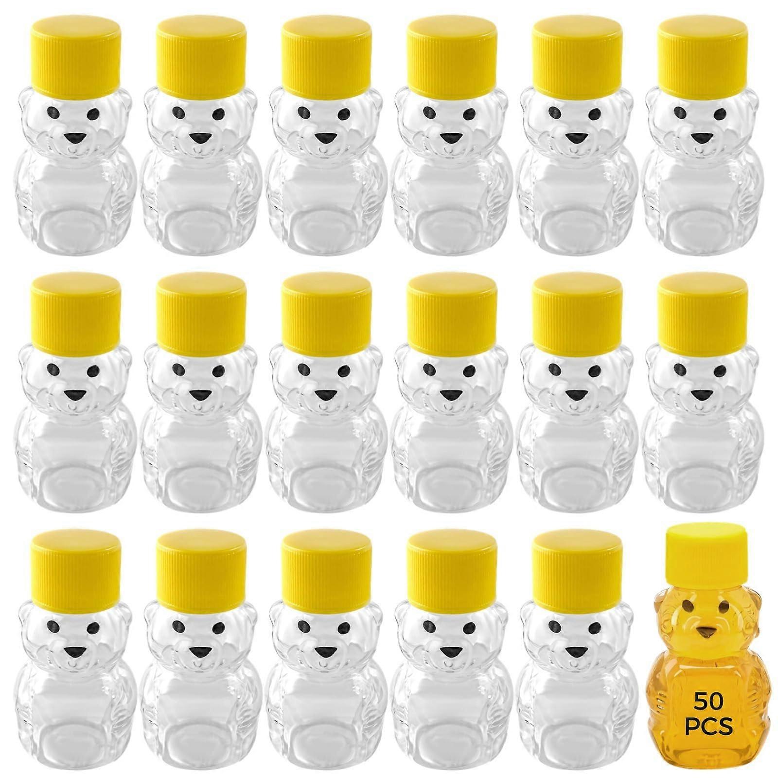 Mini honey bear jars, 57 ml, transparent plastic, yellow twistoff cap, compact for easy storage and transport, 50 pieces.