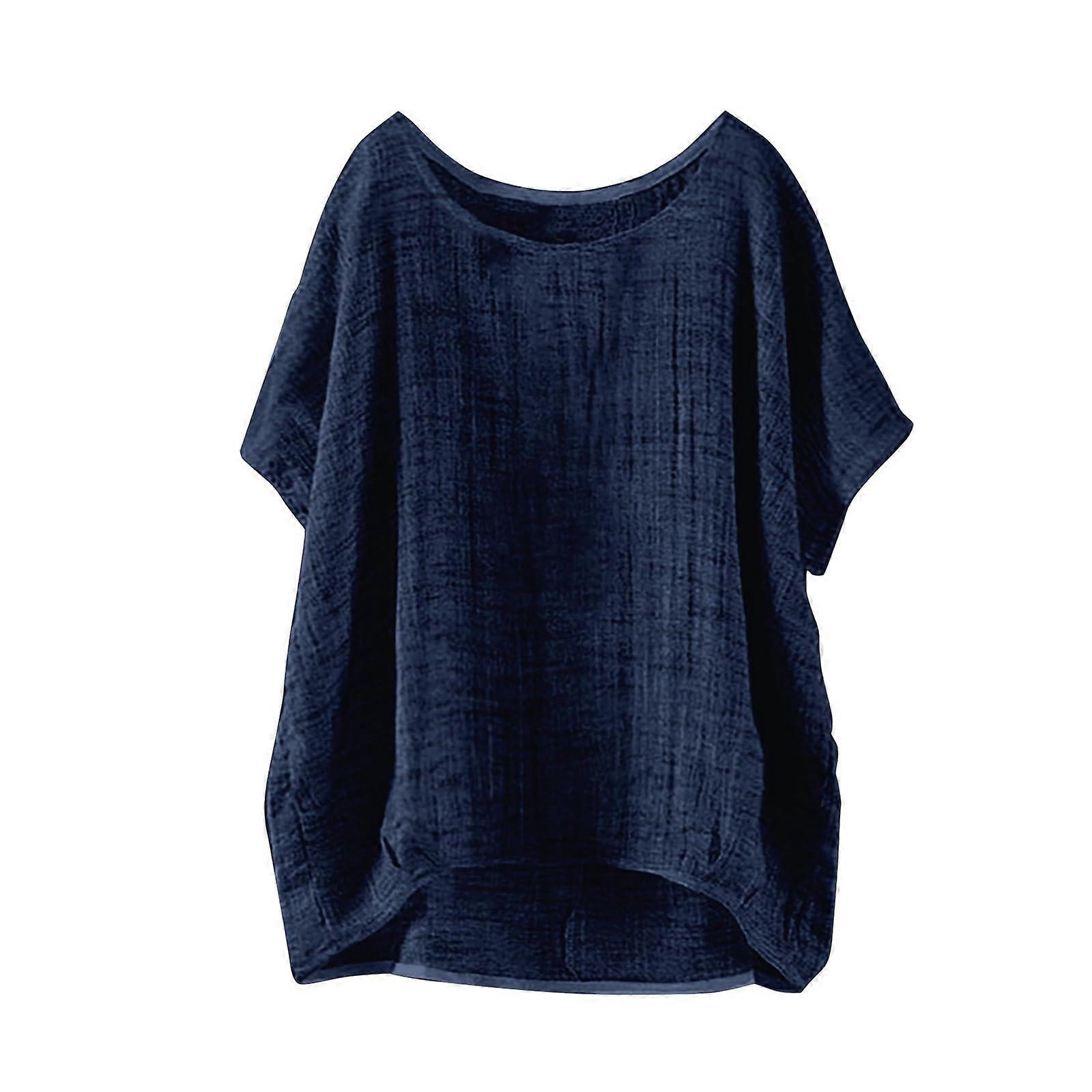 Women's linen blouses, shortsleeved, fitted, loose linen tunics, summer work tops, solidcolor Tshirts, navy XL