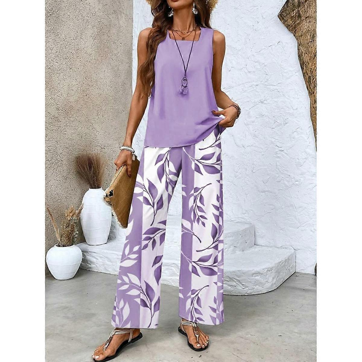 Women's Casual Square Collar Pullover Vest with Long Pants, Digital Printed Women's Two-piece Set
