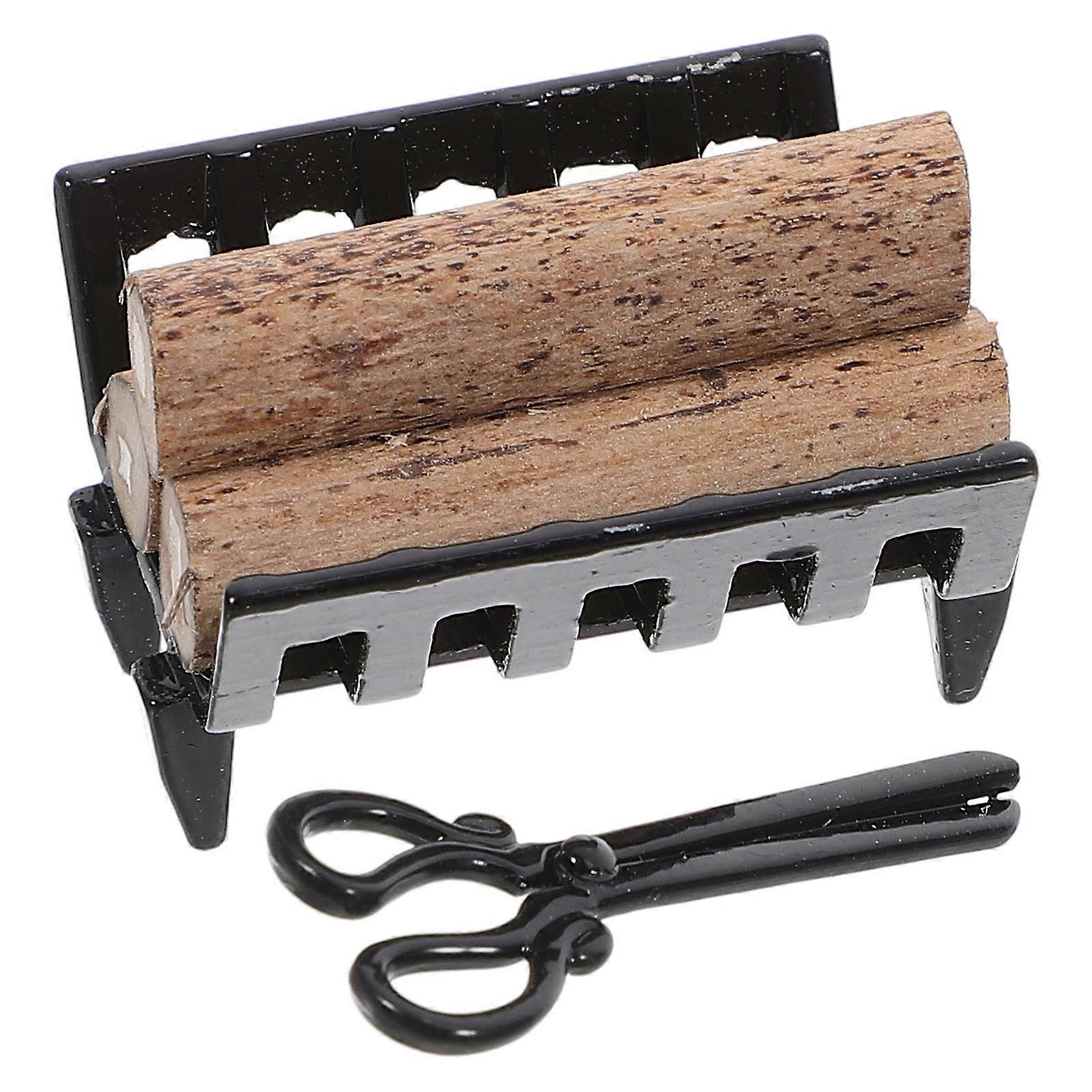 1 Set Mini Firewood Rack with Mini Firewood Tong and Small Firewood Model Toy