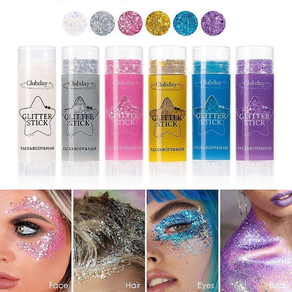 6Pcs Body Glitter Sticks, Rotating Mermaid Face Glitter Stick, Holographic Glitters for Face/Body/Hair, Sparkling Festival Accessories for Women