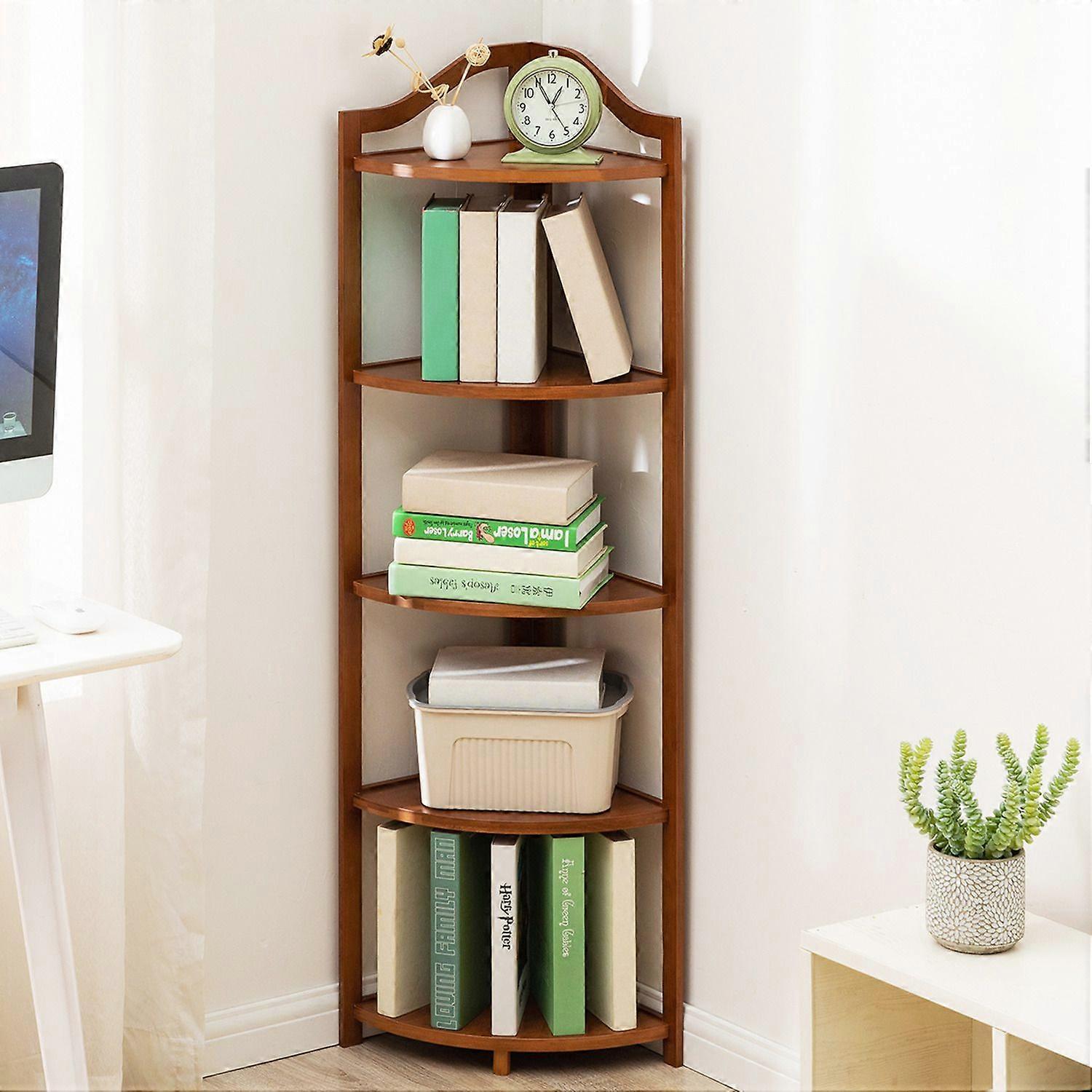 5-Tier Bamboo Corner Bookshelf Curved Bookcase Display Rack