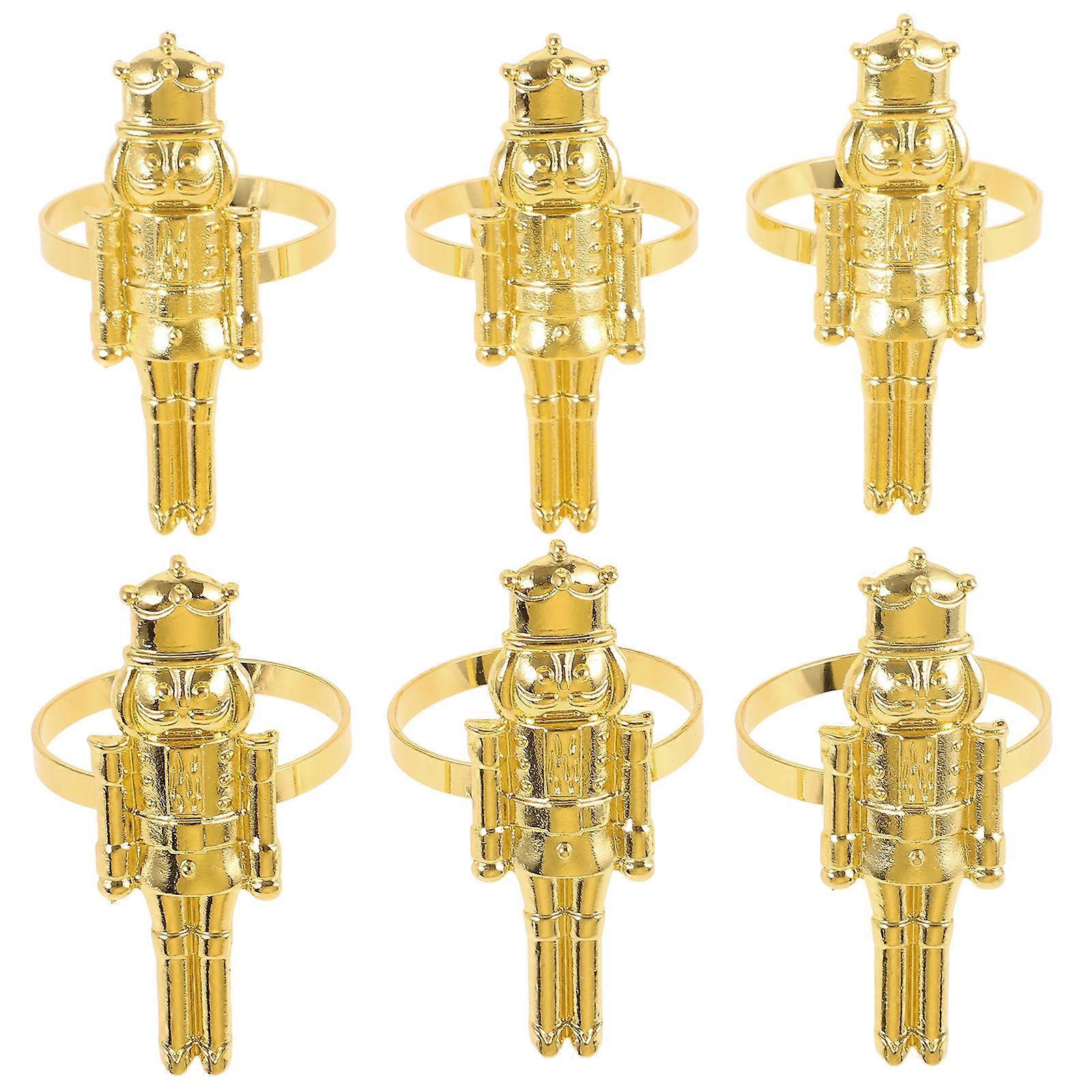 6pcs Nutcracker Shaped Christmas Napkin Rings, Reusable Gold Table Decor Holders for Holiday Banquets and Casual Gatherings