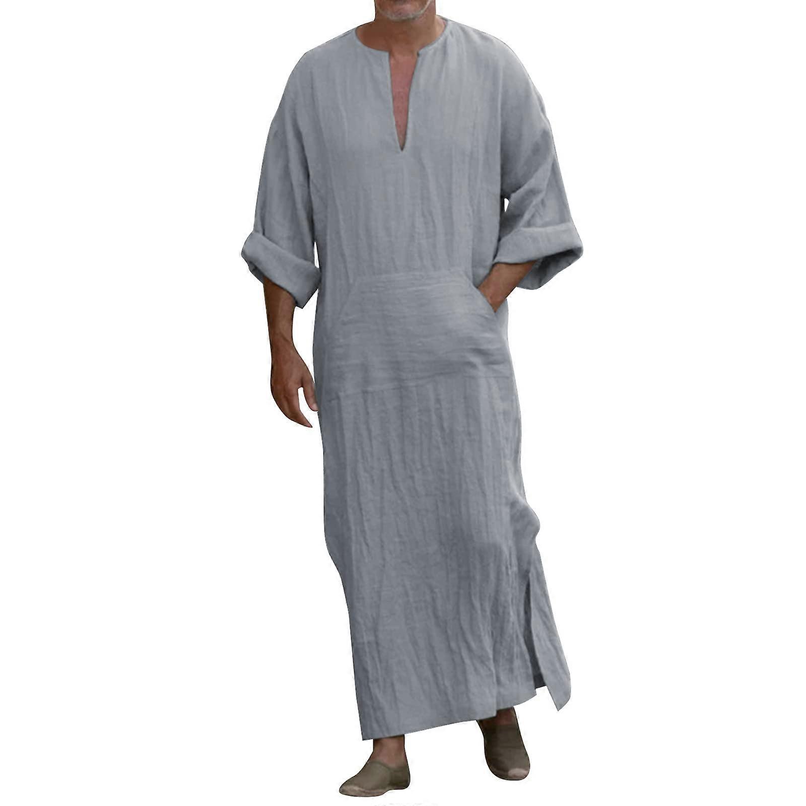 V-Neck Men's Kaftan Short Summer Muslim Robe Cotton Linen Blend With Pockets Side Split Short Sleeve XL Himmelblau