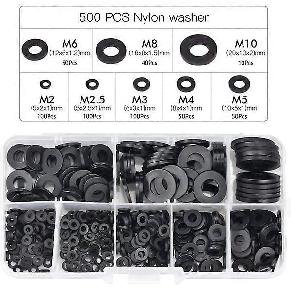 500 Pcs Black Plastic Washers Locking Washers Fastener, Self-Locking Washers Assortment M2.5 M3 M4 M5 M6 M8 M10