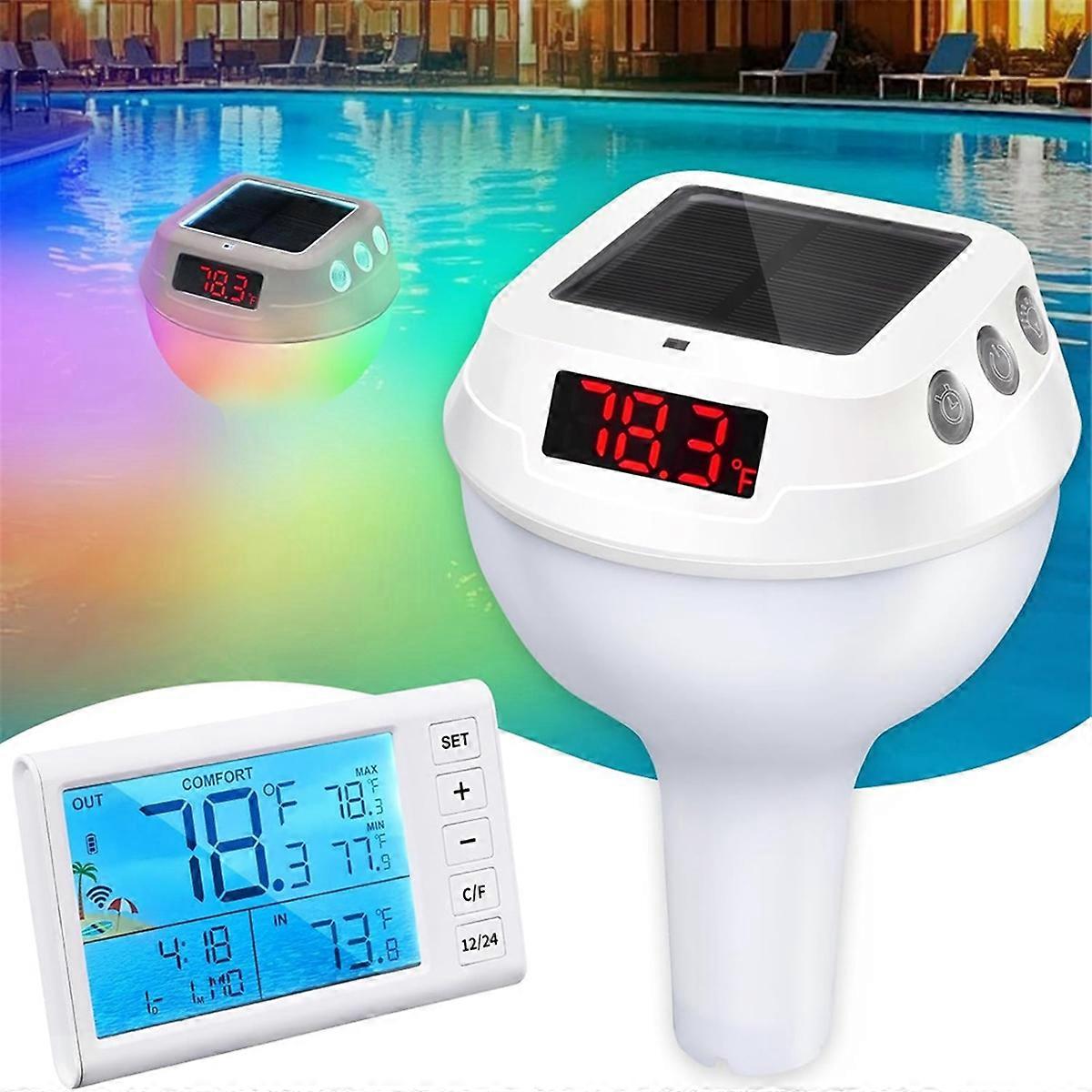 Wireless Pool Thermometer Floating Easy Read with Light&330 FT Remote Indoor Monitor,Solar Digital Pool Thermometer IP68