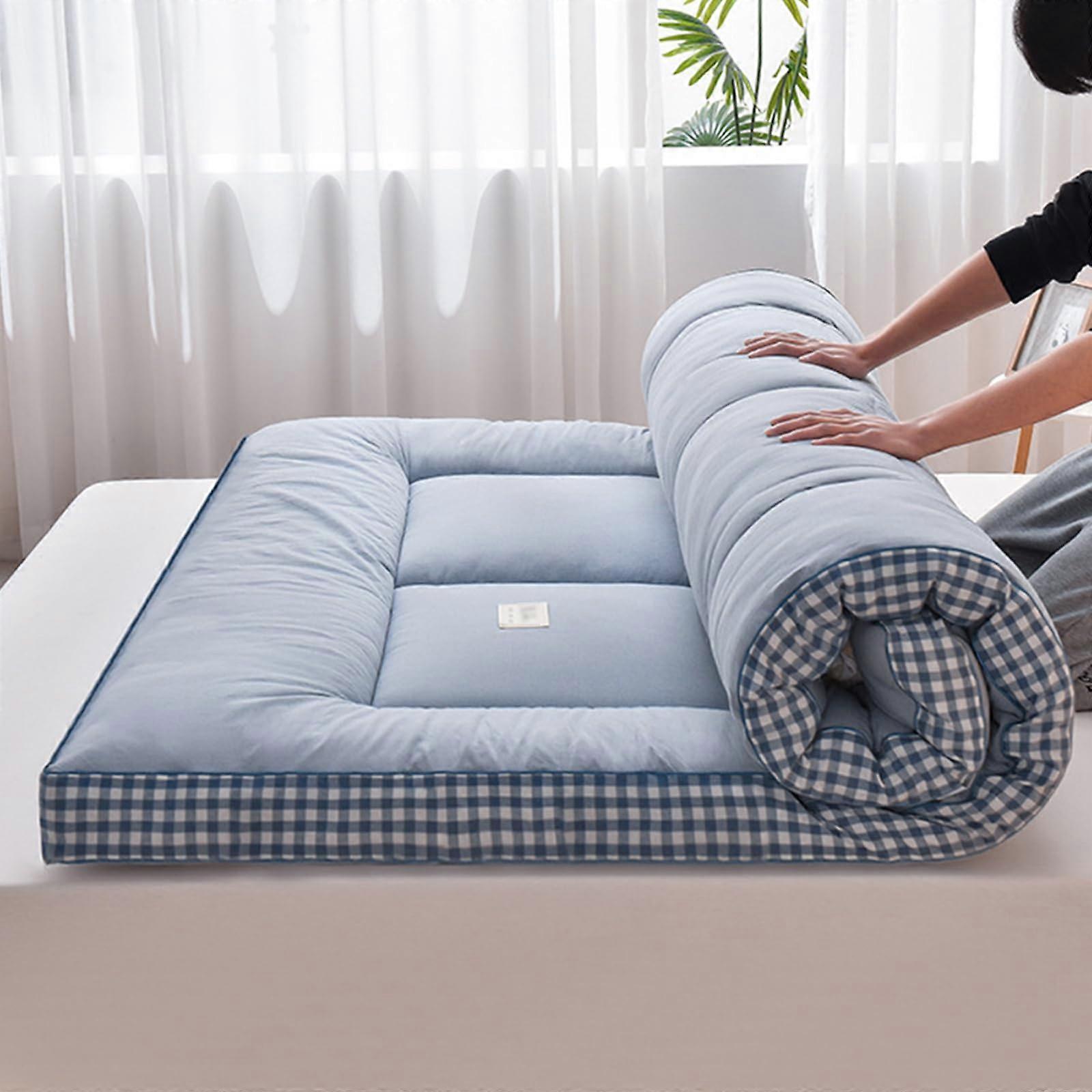 Full Size Roll Up Futon Mattress Extra Thick 180x200cm Blue Foldable Japanese Floor Sleeping Pad for Adults Camping Guest Use