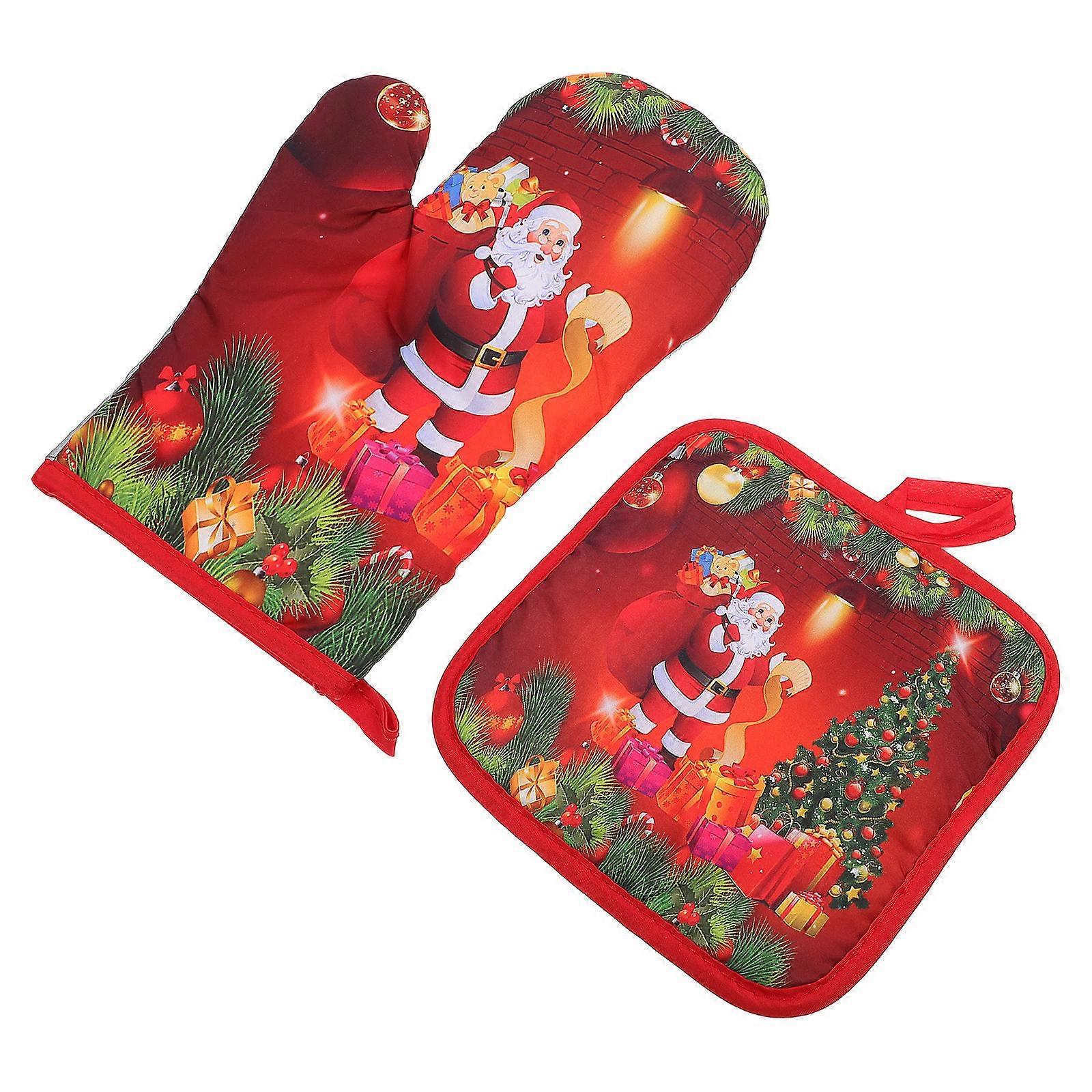 Kitchen Oven Gloves Heat Insulation For Cooking Baking Grilling Red Polyester 1 Set