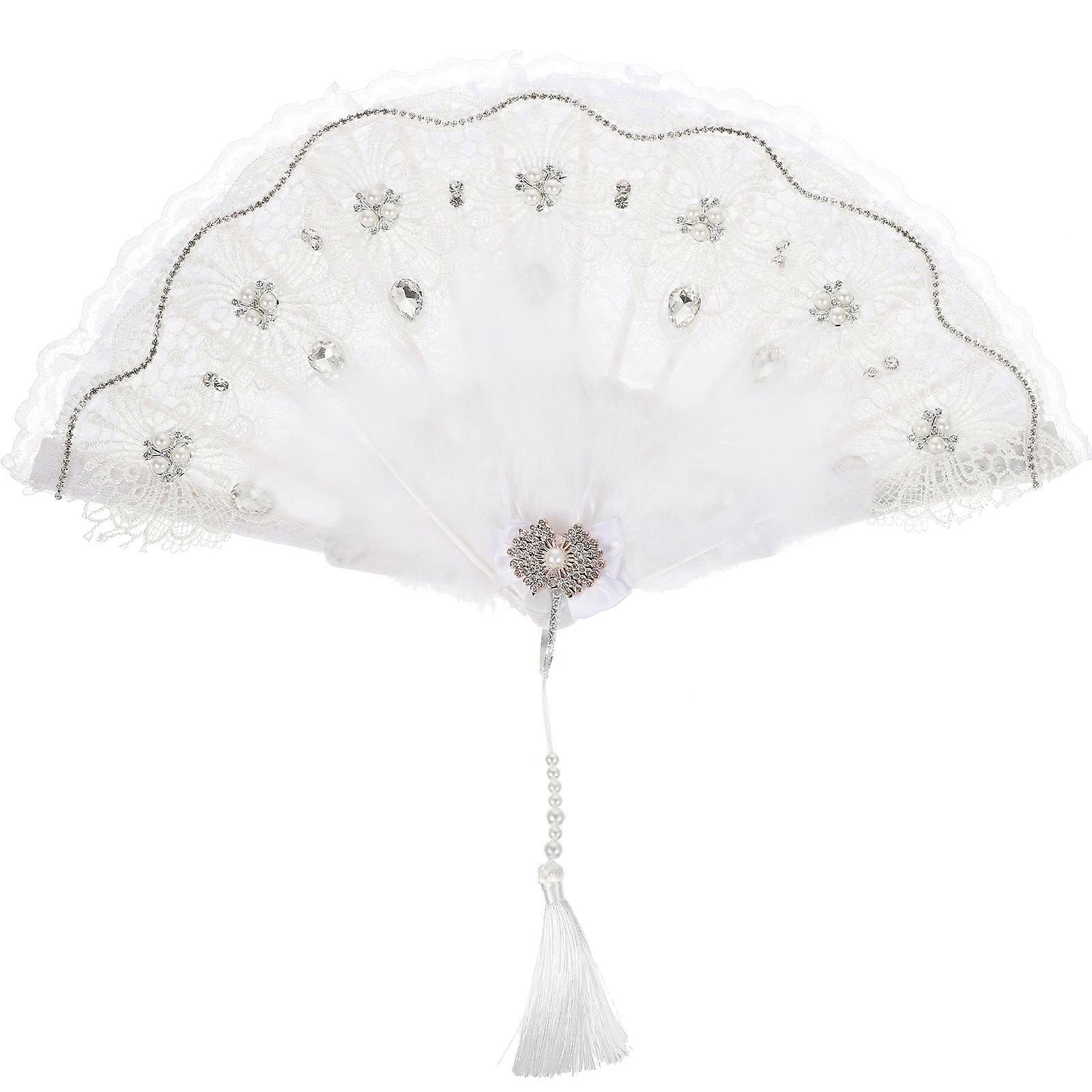 White Plume Folding Fan for Cooling Use Handheld Bride Fan