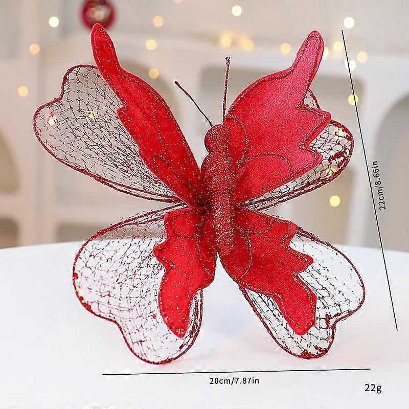 New Christmas Simulation Butterfly Cutting Christmas Scene Arrangement Fabric Christmas Tree Decoration Butterfly Three-dimensional Red - 22*20cm