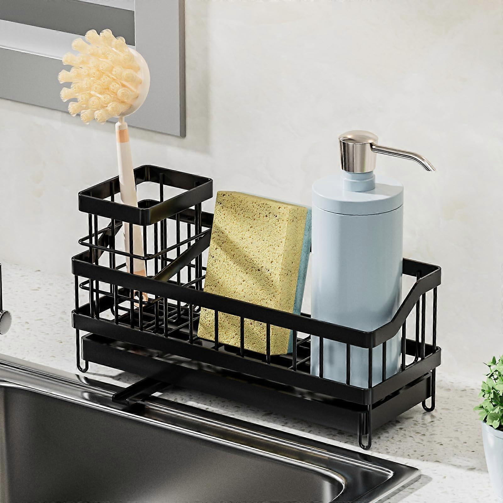 Kitchen Sink Caddy Organiser, Sponge Holder, Removable Brush Holder, SelfDrainage Tray, Dishcloth Hanger, Black