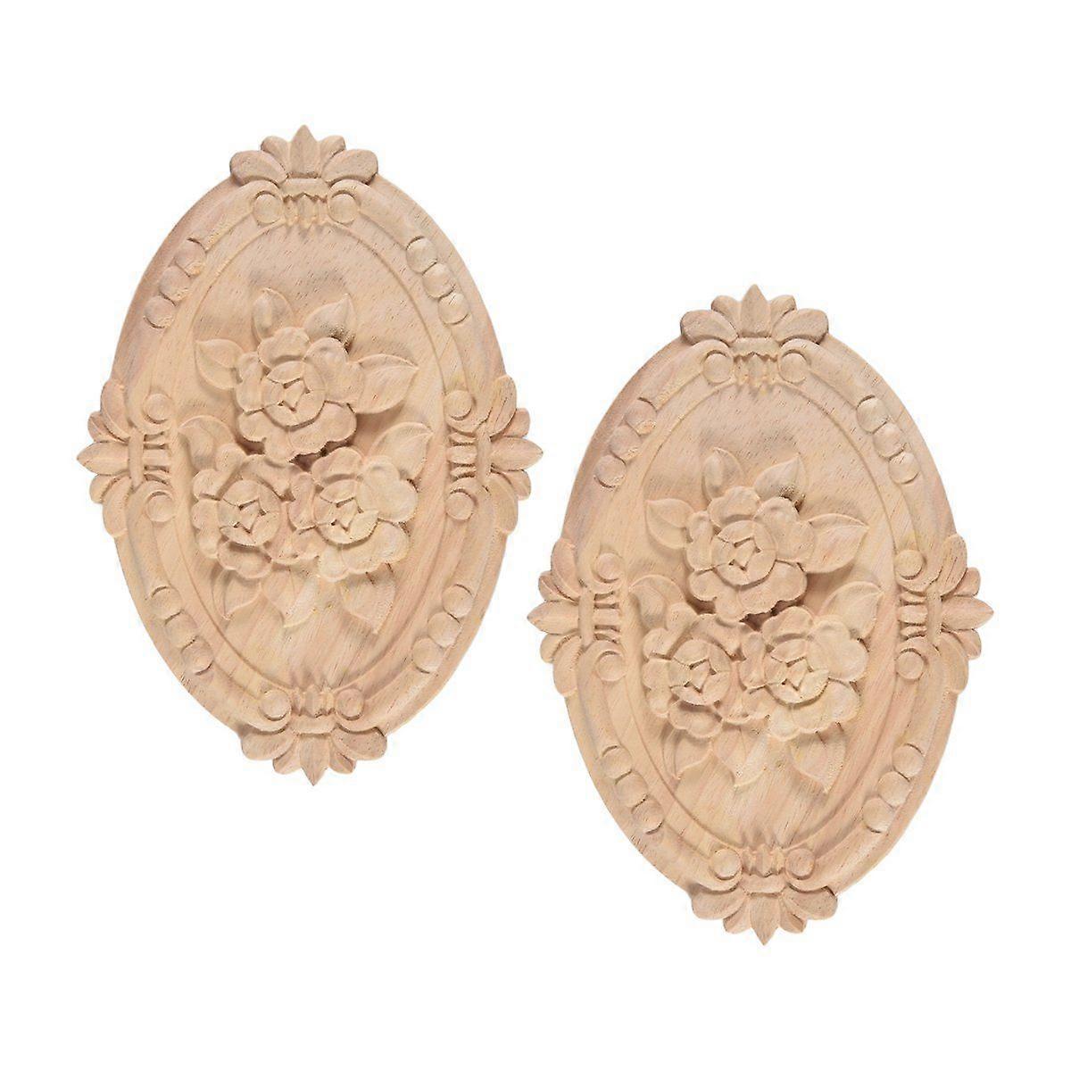 2Pcs Wood Carved Applique Frame Onlay Unpainted Furniture Decoration Unpainted Oval Patterns 21X15cm