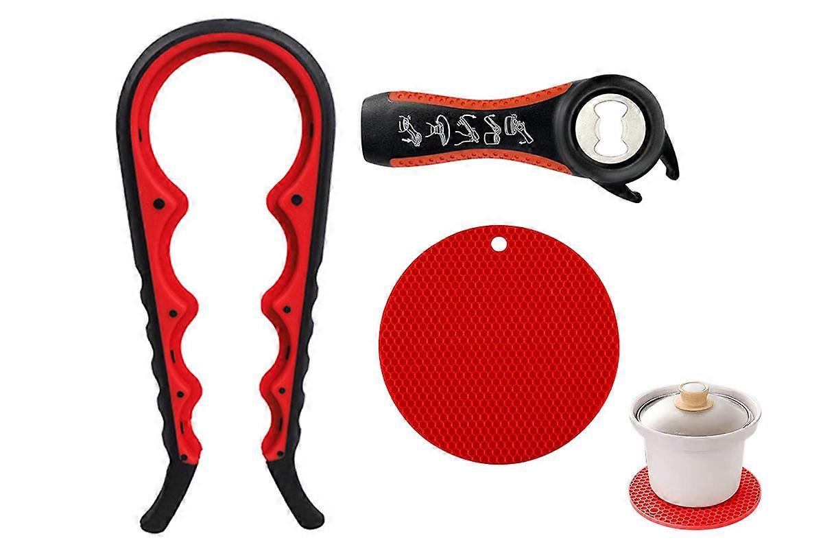 3PCS Jar Opener Bottle Opener With Non-Slip Pad For Weak Hands-Red