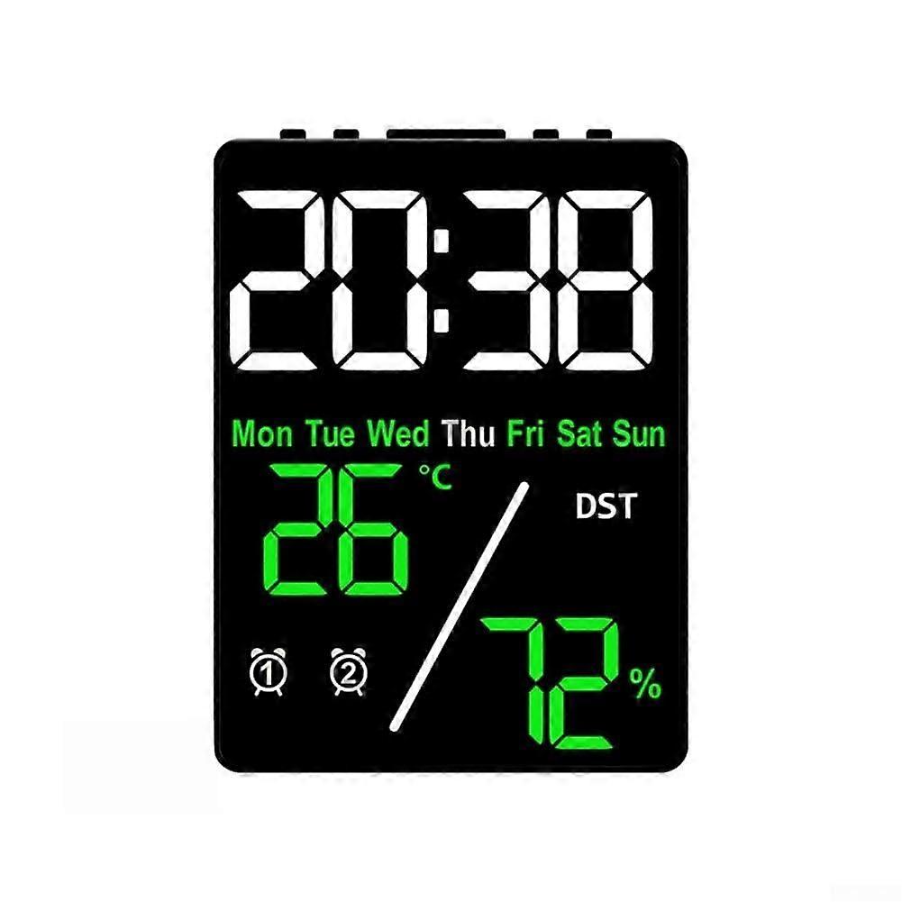 Digital Clock With Temperature And Humidity Display Large Screen Adjustable Brightness Battery Powered Black Shell Green