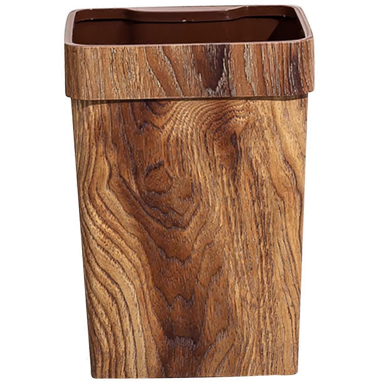 Imitation Wood Grain Trash Can Plastic Household Garbage Can With Dimpled Handle For Kitchen And Bathroom